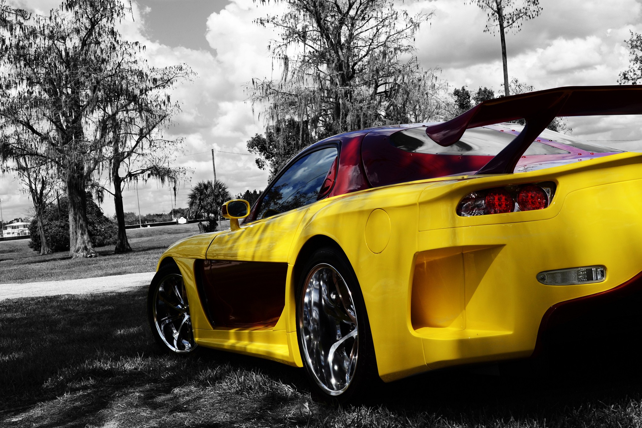 General 2048x1365 car Mazda RX-7 Veilside selective coloring Mazda vehicle yellow cars Japanese cars coupe bodykit