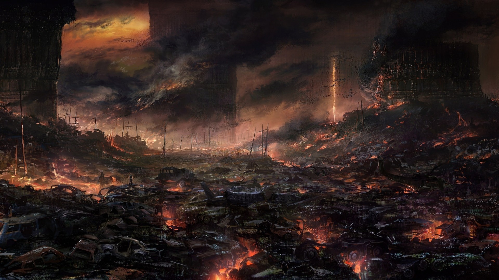 General 1920x1080 artwork apocalyptic fire wasteland futuristic car vehicle wreck ruins