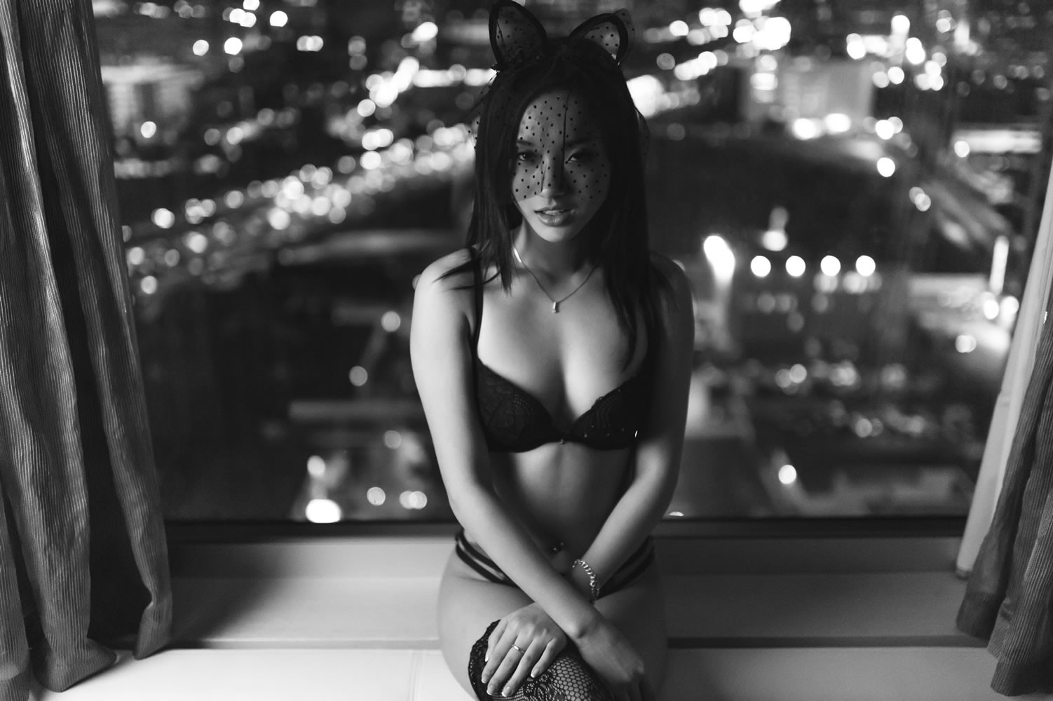 People 1502x1000 monochrome Alina Li pornstar women Asian black lingerie cat ears urban bra sitting looking at viewer women indoors indoors