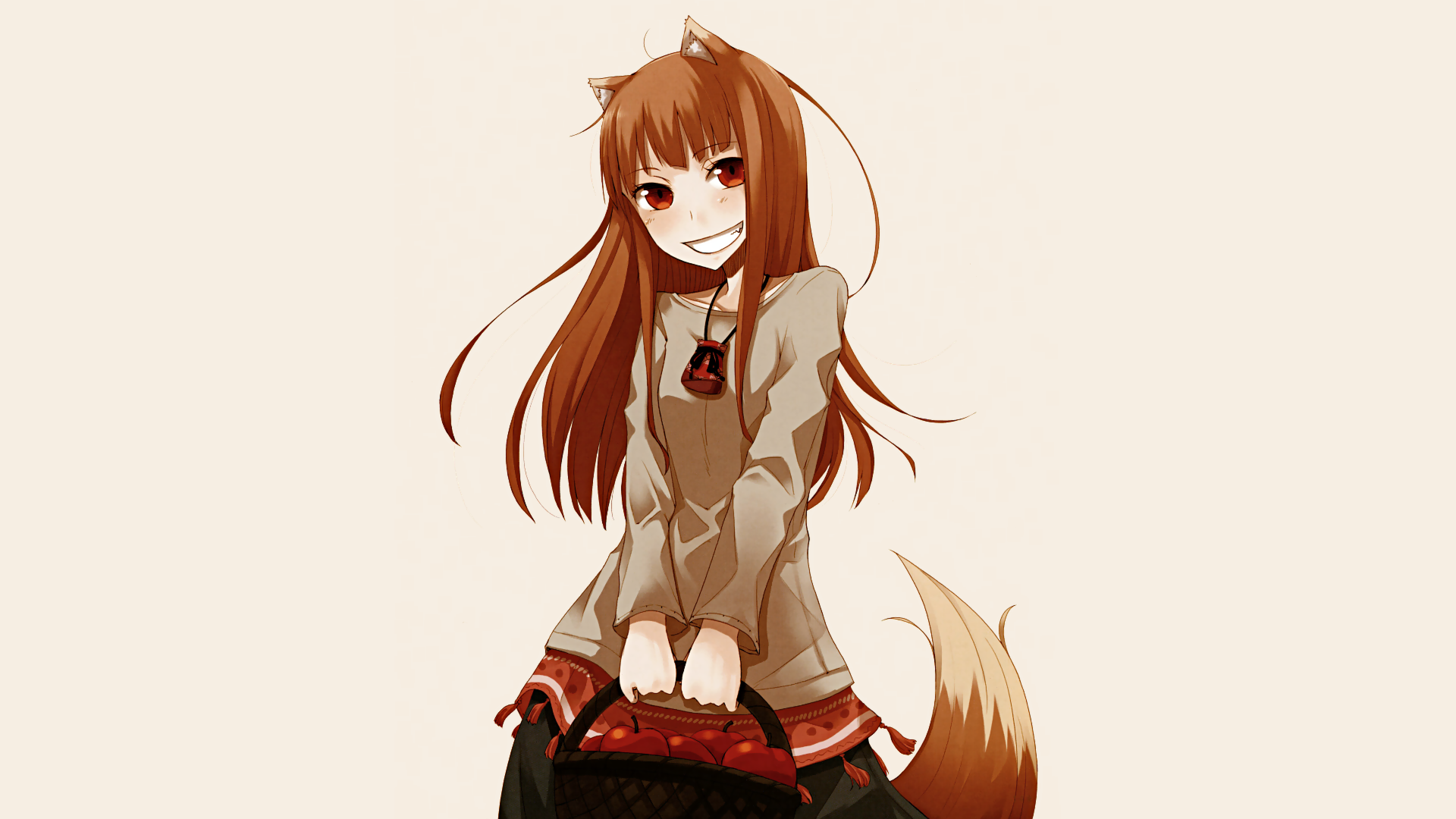 Anime 1920x1080 anime girls anime Spice and Wolf Holo (Spice and Wolf) wolf girls simple background smiling long hair standing baskets food fruit apples looking at viewer