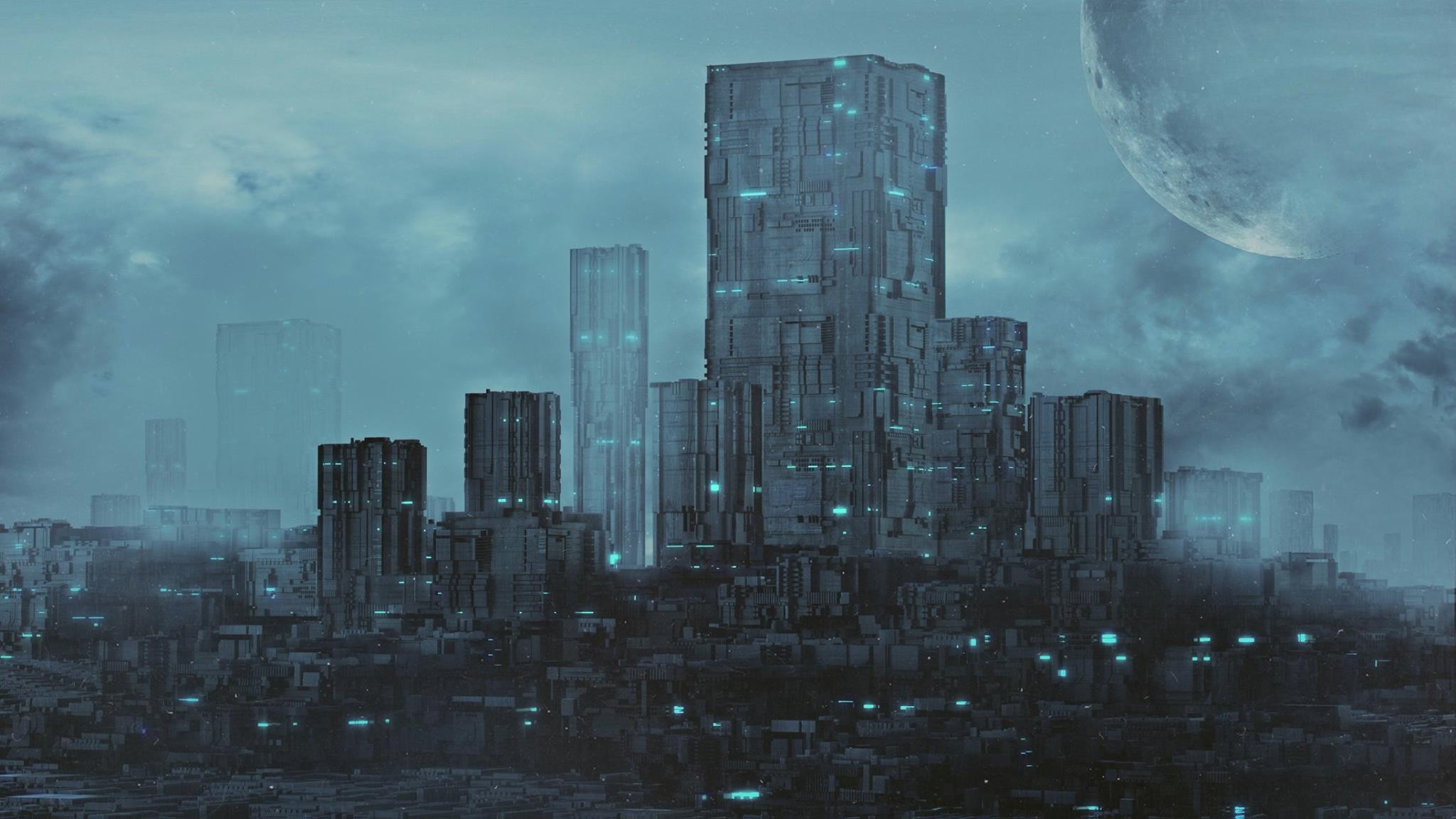 General 2048x1152 skyscraper monochrome cyan cityscape digital art futuristic futuristic city