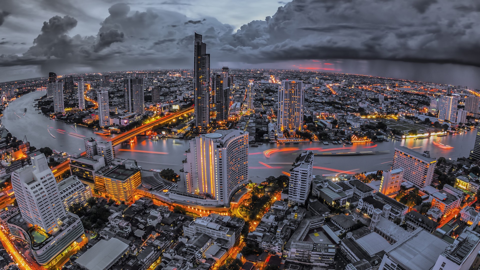 General 1920x1080 city cityscape Thailand Bangkok city lights river clouds skyscraper Asia long exposure selective coloring light trails