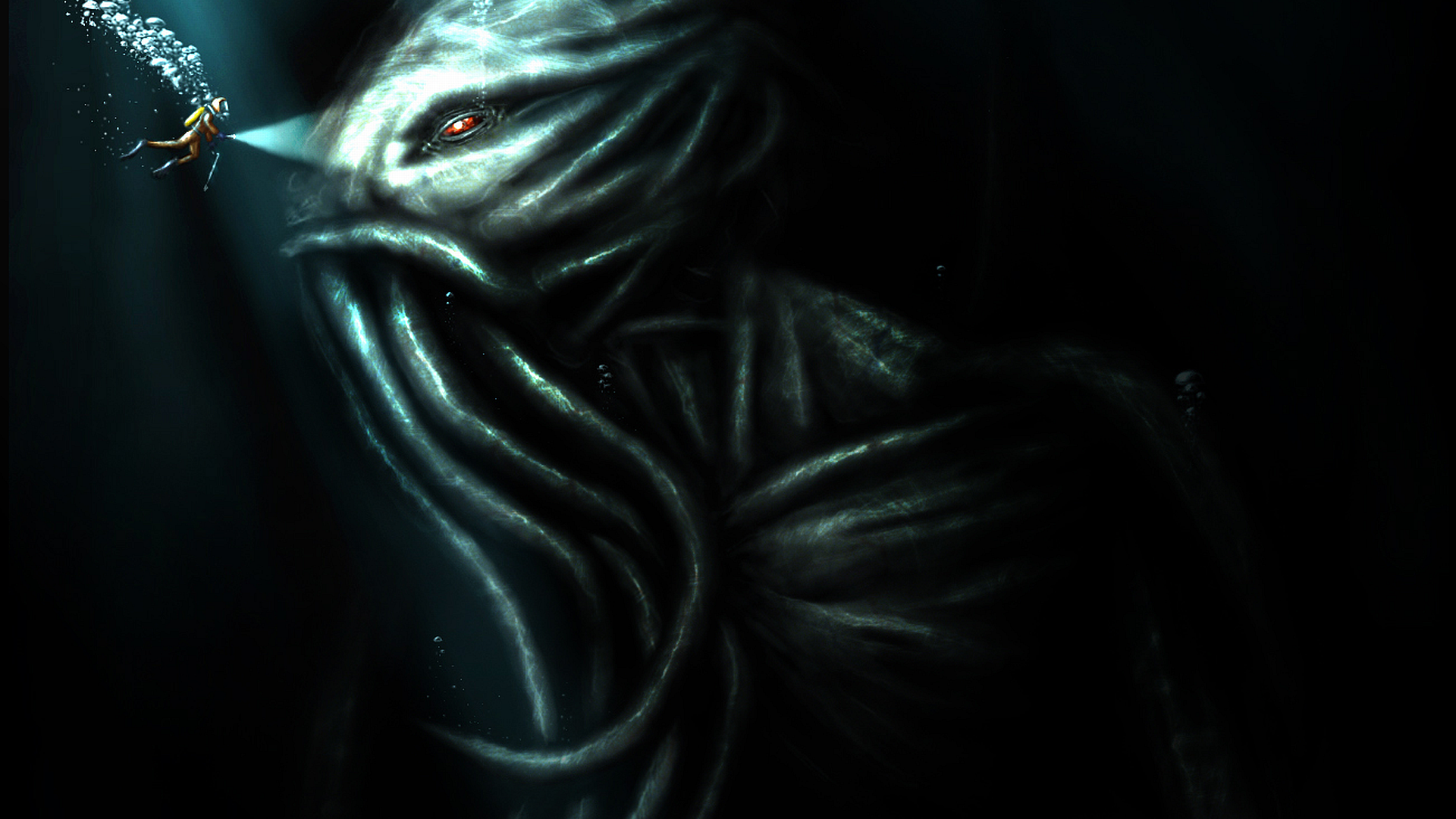 General 1920x1080 Cthulhu creature underwater divers horror H. P. Lovecraft artwork red eyes tentacles Book characters