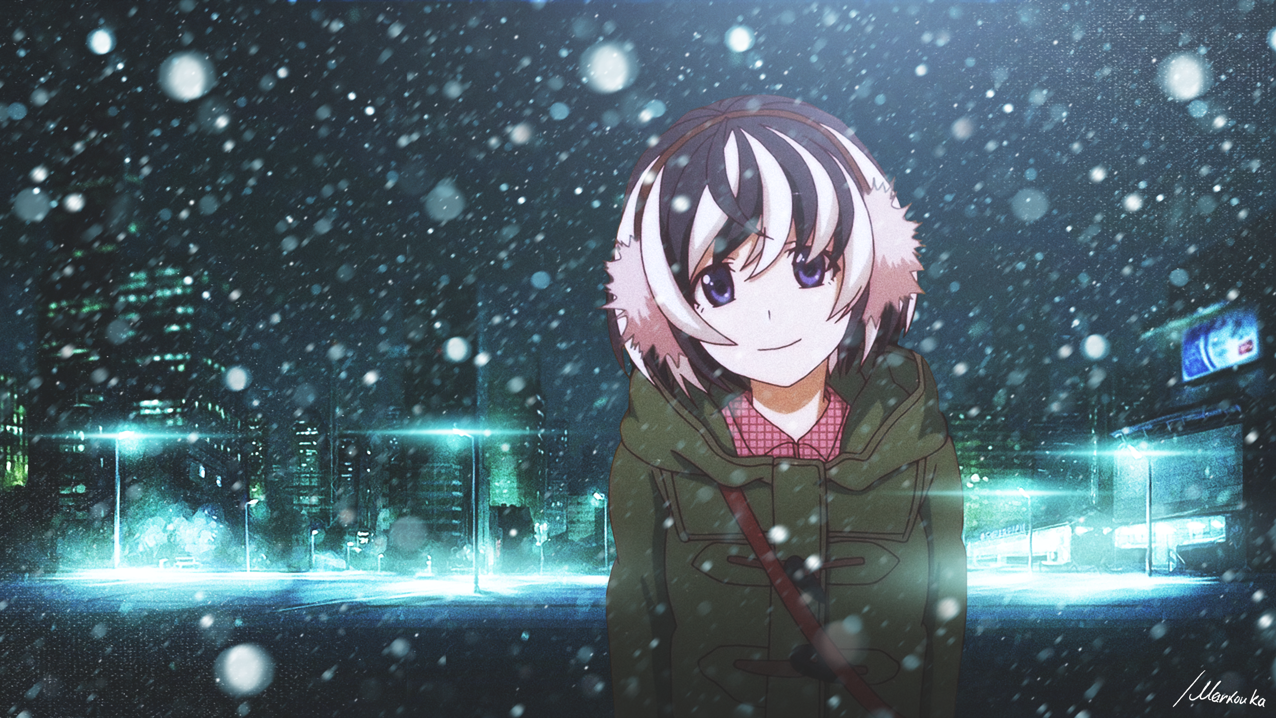 Anime 2560x1440 anime anime girls snow purple eyes city Monogatari Series Hanekawa Tsubasa cold winter looking at viewer