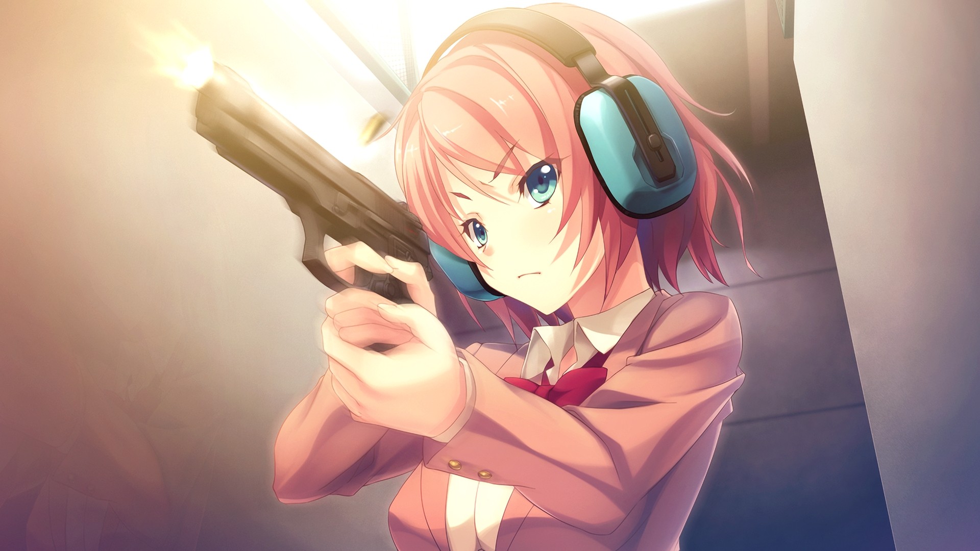 Anime 1920x1080 anime girls anime Innocent Bullet Kanzaki Sayaka Beretta M9 gun school uniform headphones short hair redhead blue eyes Oosaki Shin'ya girls with guns weapon women