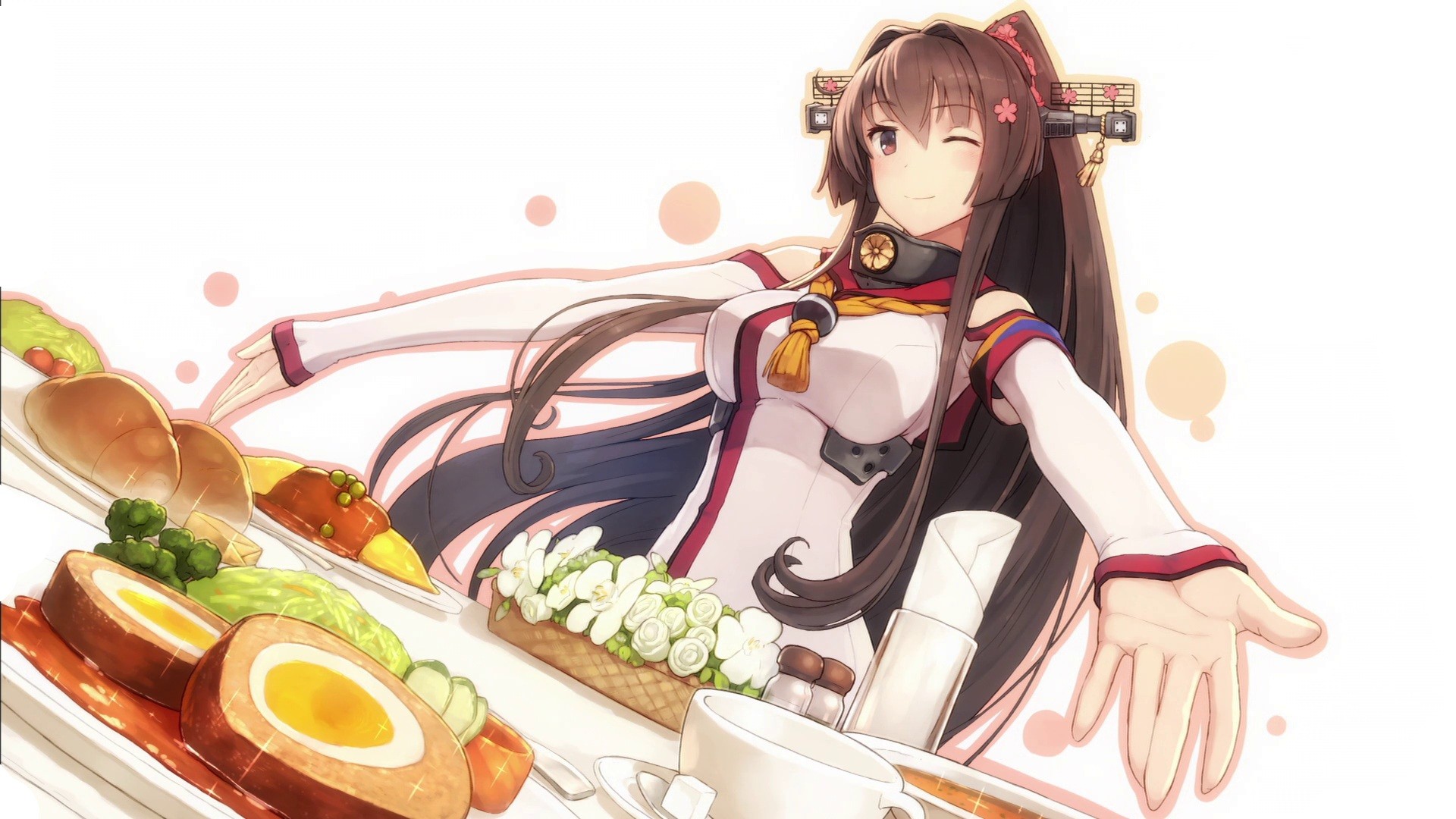 Anime 1920x1080 Kantai Collection Yamato (KanColle) food big boobs anime girls anime brunette long hair boobs one eye closed hands simple background