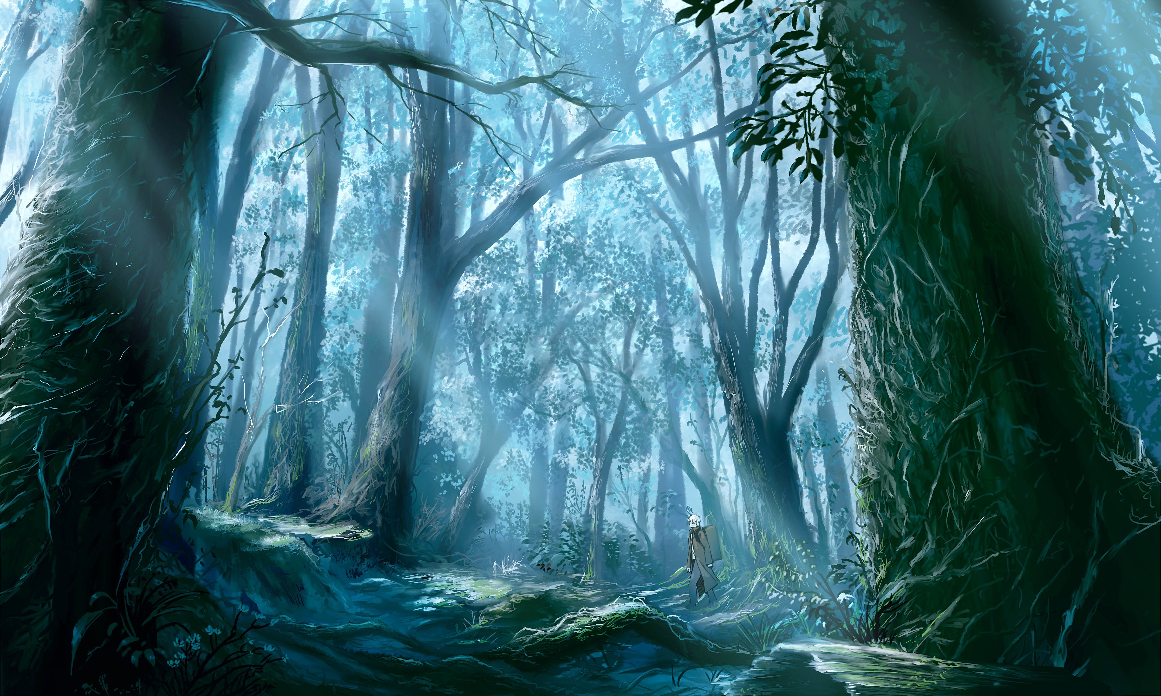 General 4000x2400 anime fantasy art artwork forest cyan digital art