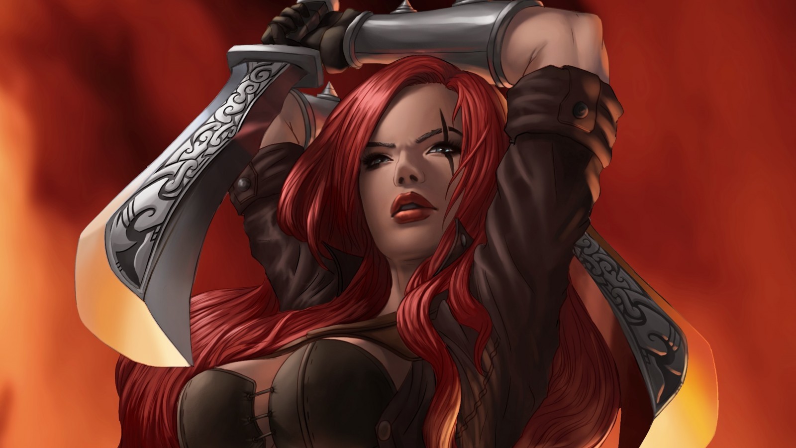 General 1600x900 League of Legends Katarina (League of Legends) fantasy girl redhead PC gaming weapon women with swords sword red lipstick lipstick long hair fantasy art video game art video game girls