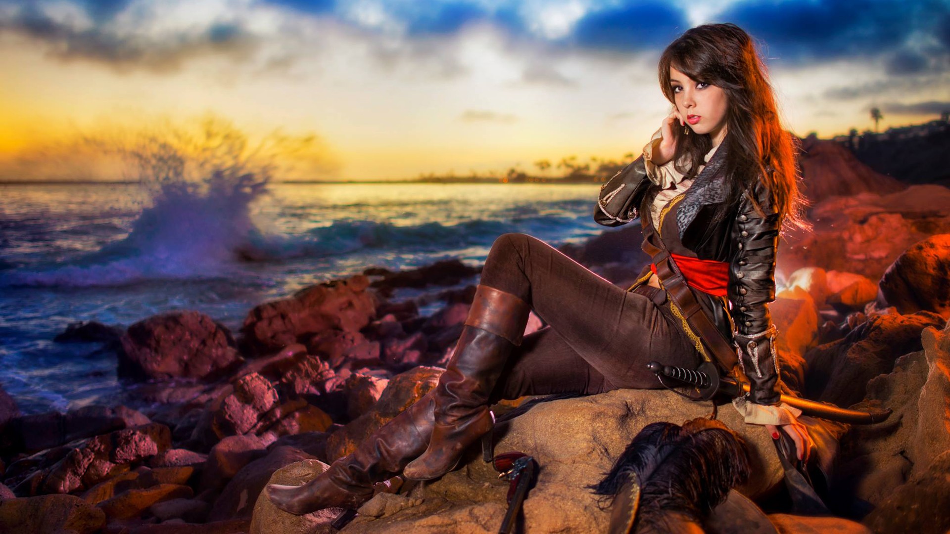 People 1920x1080 Assassin's Creed cosplay Monika Lee pirates heels boots women model sitting video game girls long hair makeup lipstick sword women with swords looking at viewer