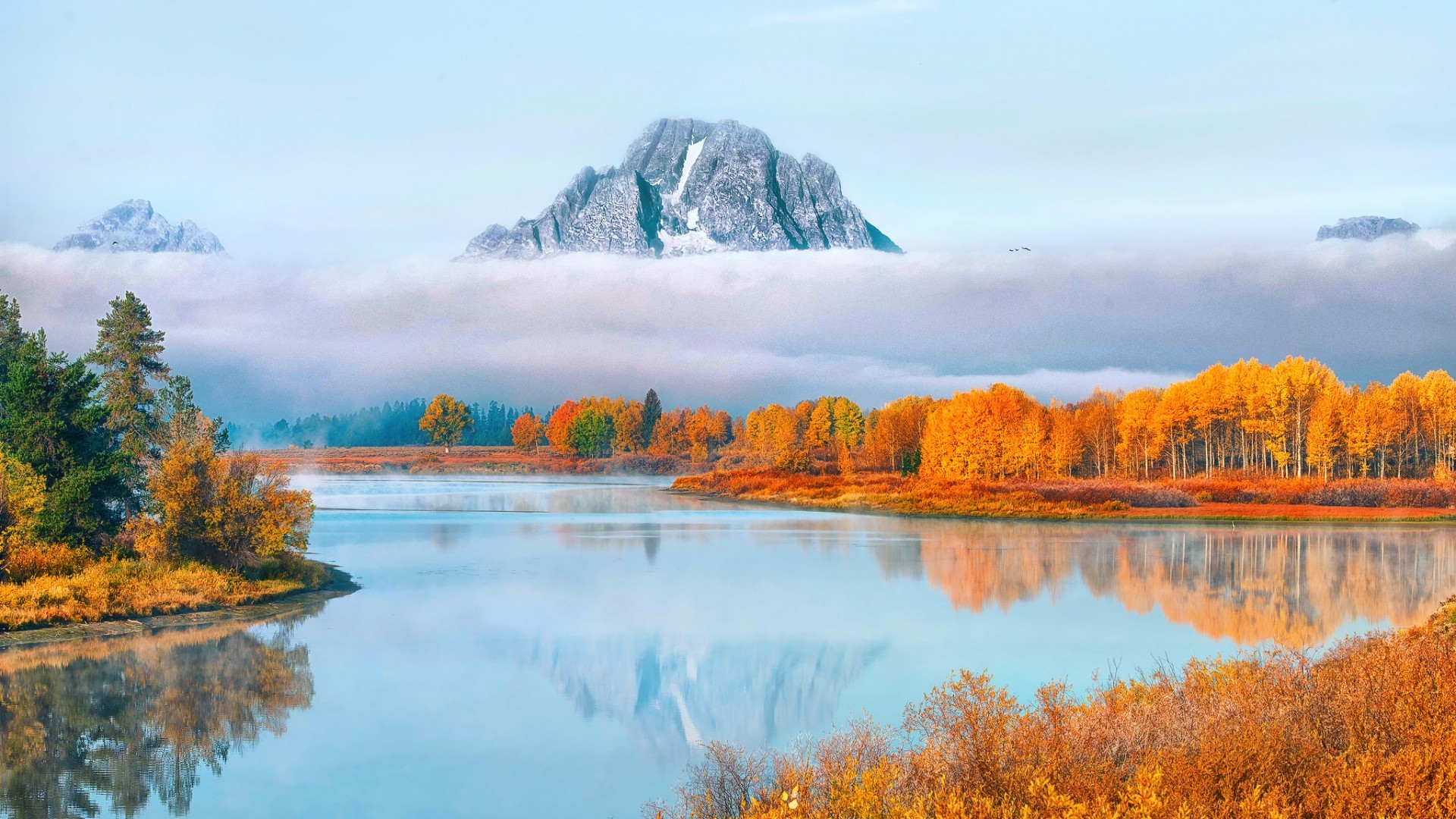 General 1920x1080 nature landscape water lake reflection mountains trees clouds snow mist fall