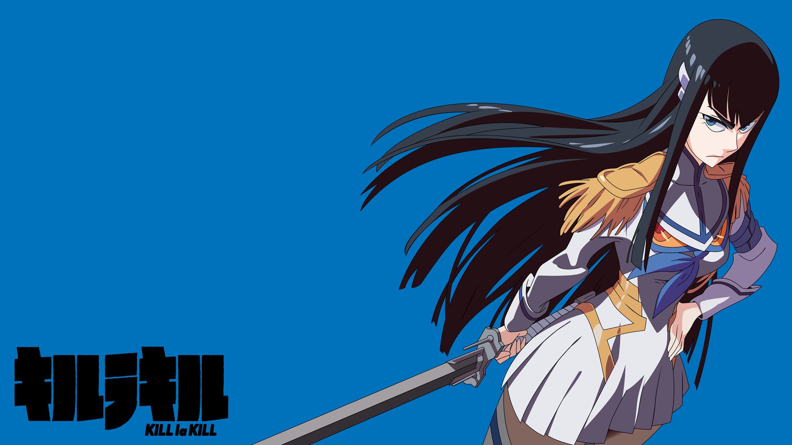 Anime 2560x1440 Kill la Kill Kiryuin Satsuki anime anime girls simple background long hair sword black hair blue background women with swords dark hair standing