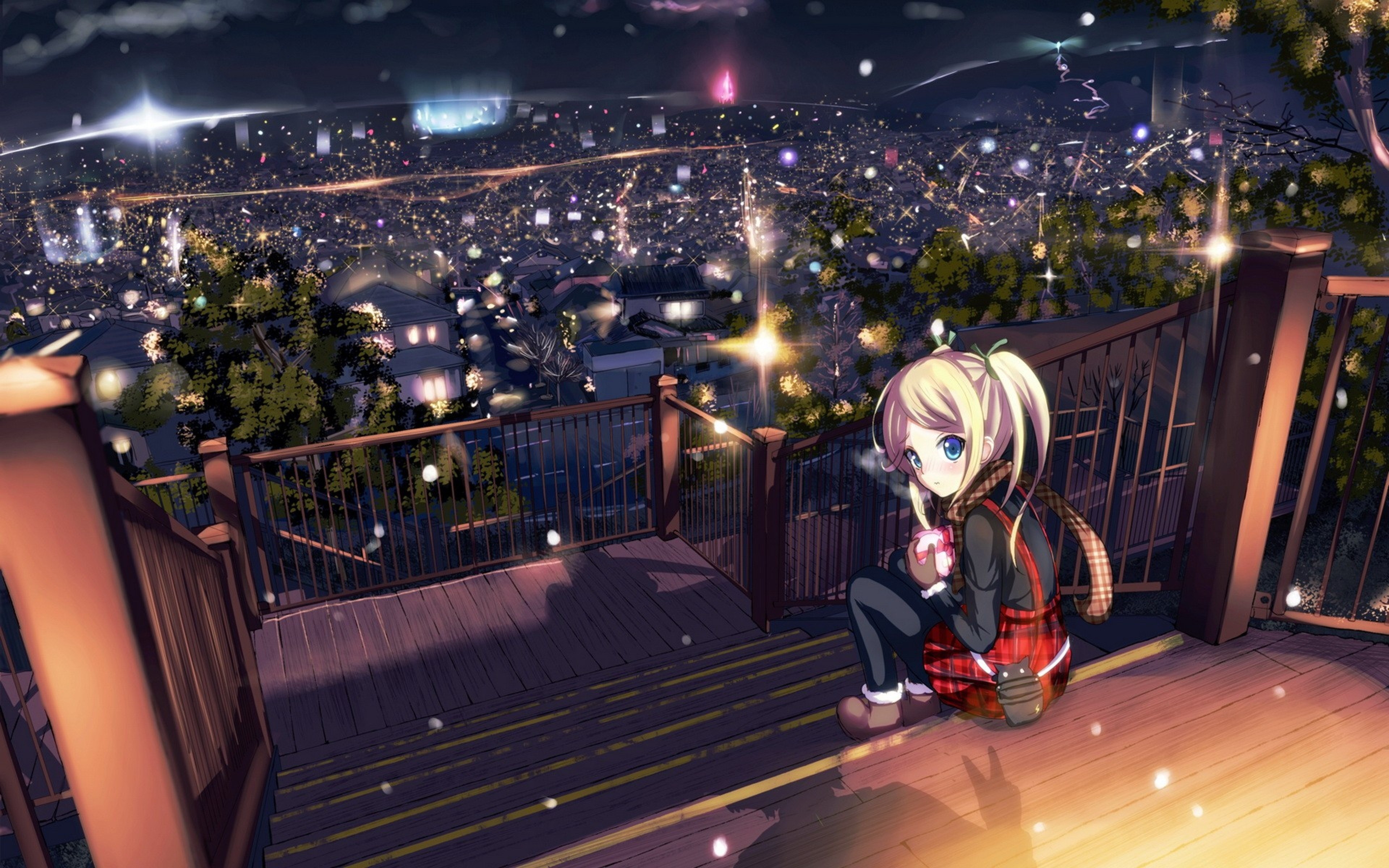 Anime 3840x2400 anime girls anime original characters city upscaled Valentine's Day Morerin cityscape city lights sitting blue eyes blonde