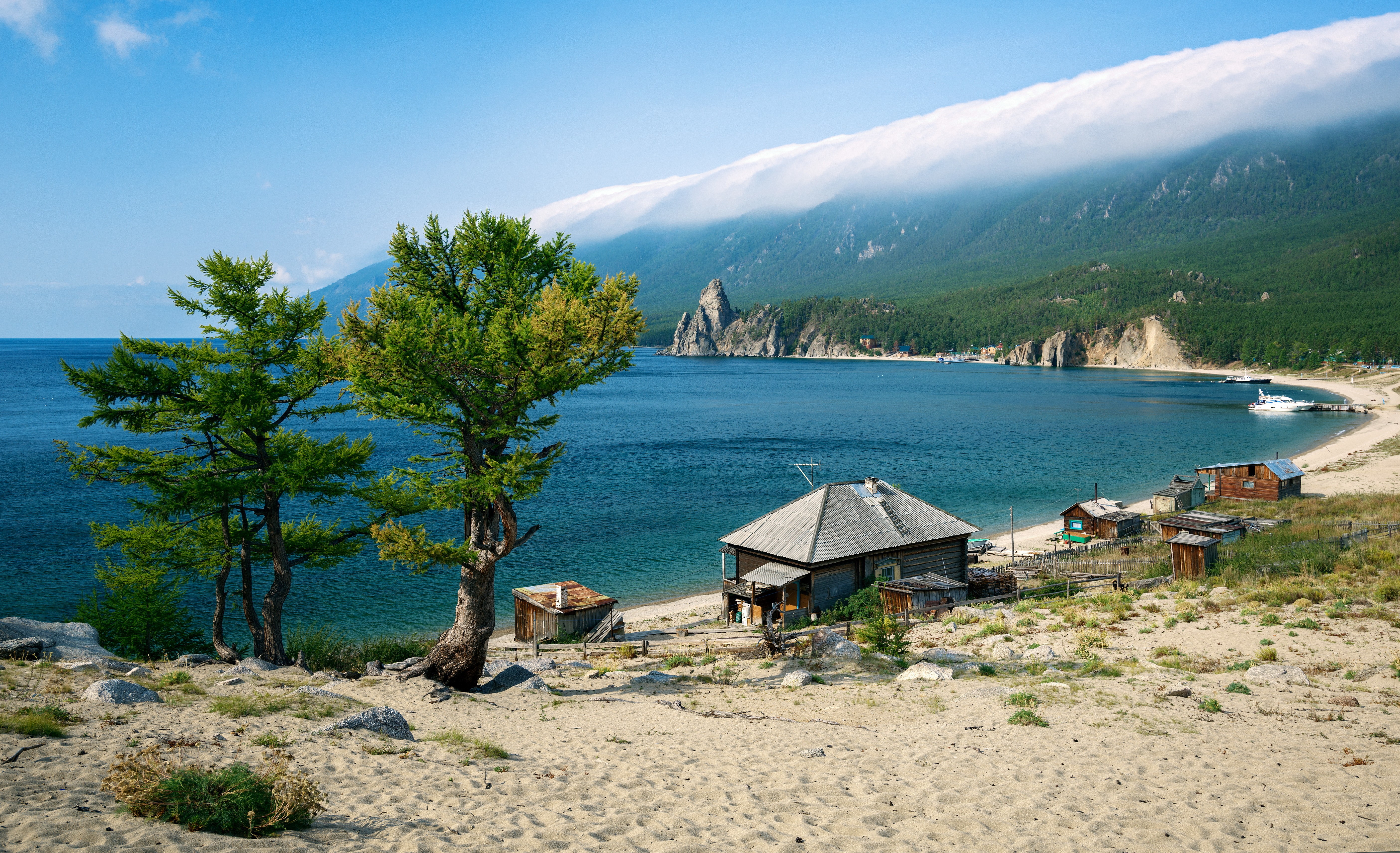 General 5616x3422 nature landscape water lake mountains trees clouds Lake Baikal Russia house boat sand beach forest mist