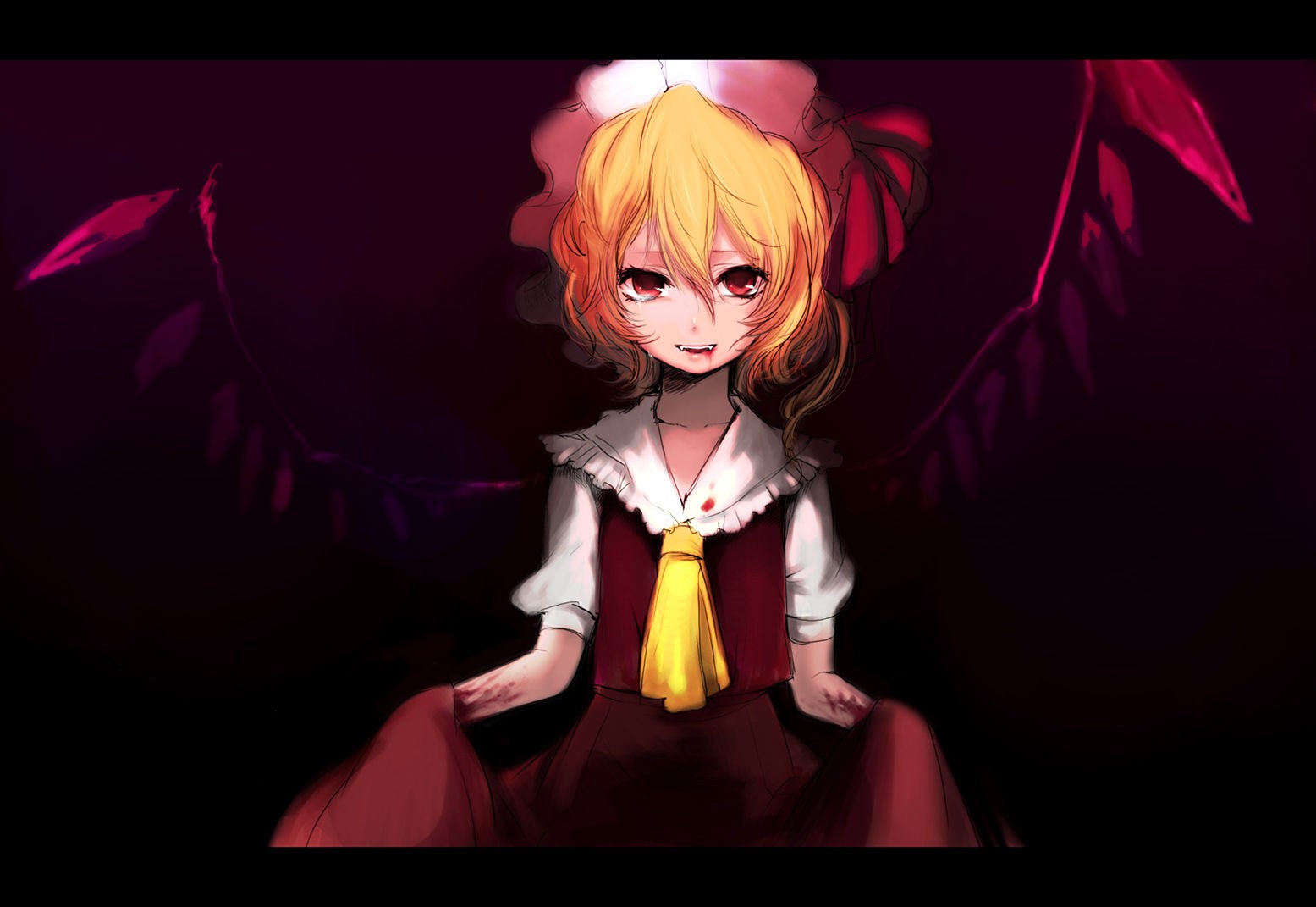 Anime 1555x1071 anime girls anime blonde fangs vampires wings red eyes looking at viewer dress red dress red clothing blood Touhou Flandre Scarlet loli