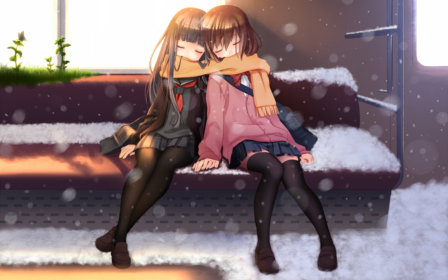 Anime 1440x900 anime girls original characters snow scarf two women legs together knees together sitting closed eyes winter cold outdoors miniskirt stockings pantyhose