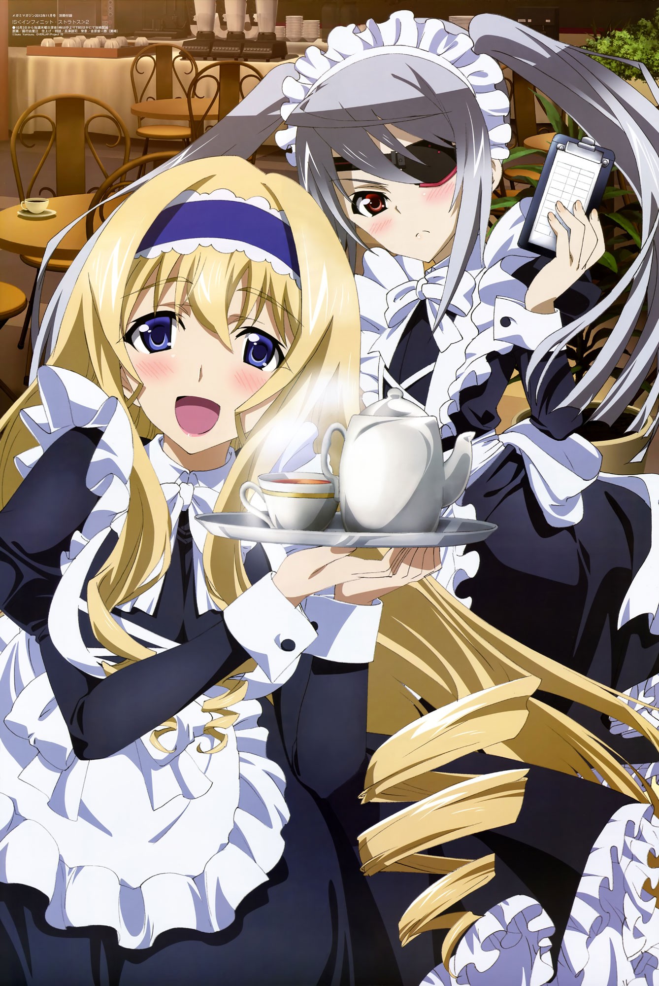 Anime 1338x2000 anime anime girls Bodewig Laura  Alcot Cecilia Infinite Stratos maid eyepatches cup open mouth blonde two women long hair maid outfit