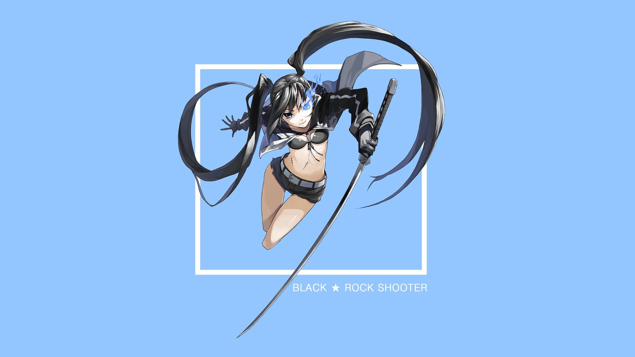 Anime 2048x1152 anime Black Rock Shooter anime girls blue background bra belly pants sword weapon women with swords dark hair long hair simple background