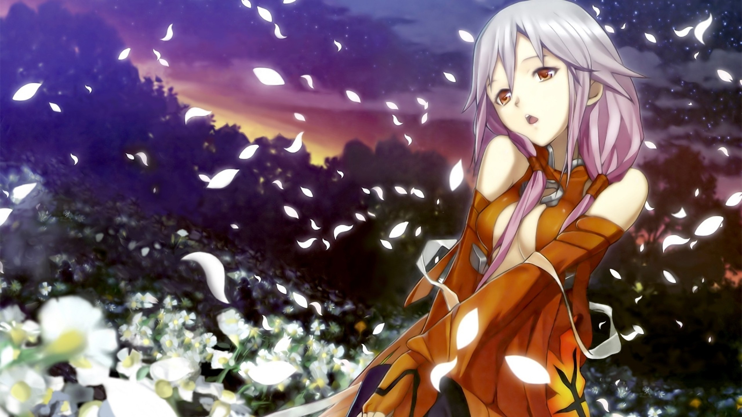 Anime 2560x1440 anime Guilty Crown anime girls Yuzuriha Inori red eyes boobs cleavage open mouth flowers plants