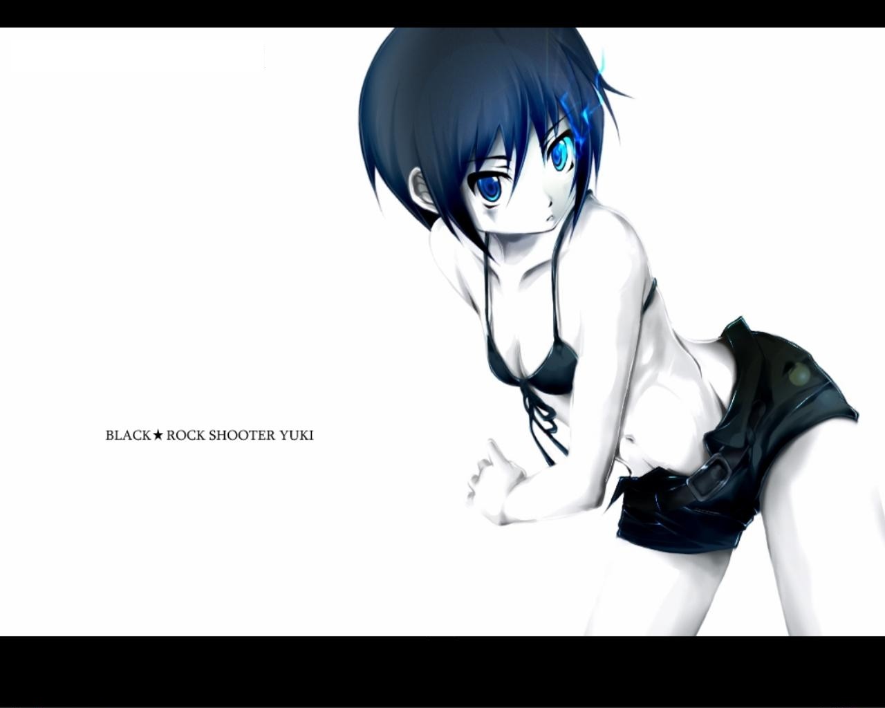Anime 1280x1024 anime anime girls Black Rock Shooter blue eyes simple background blue hair bra belly white background