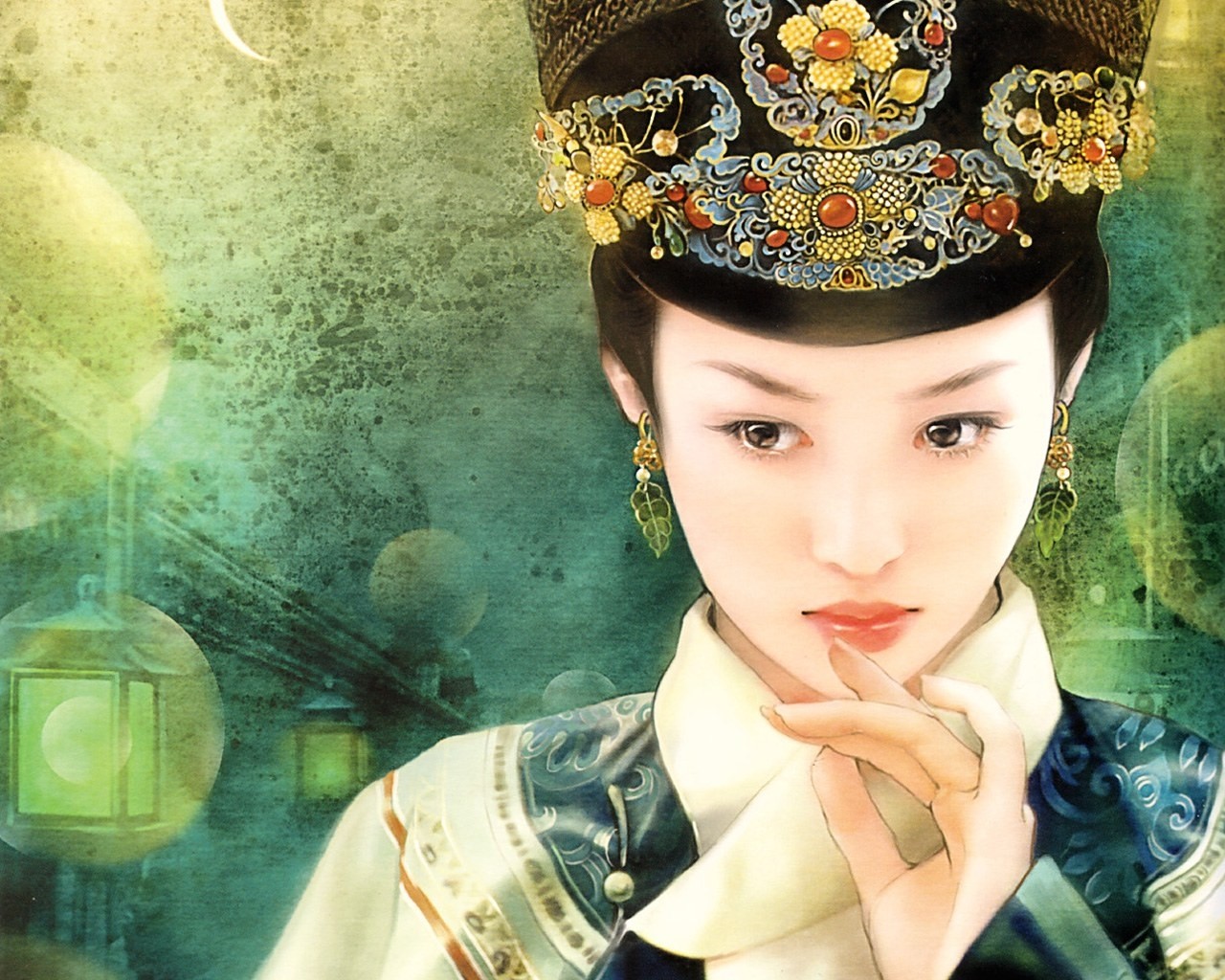 General 1280x1024 artwork women movie poster drawing Asian makeup dark eyes red lipstick face portrait