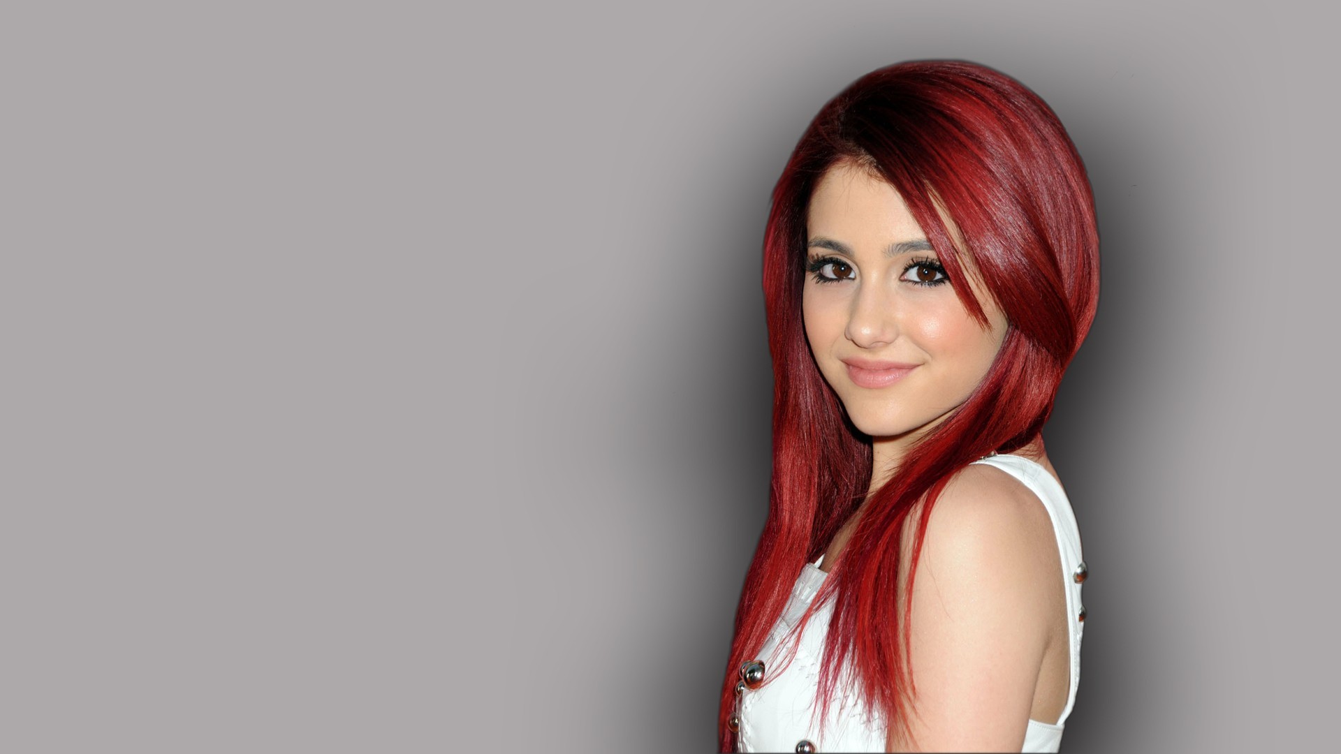 People 1920x1080 Ariana Grande redhead simple background gray women celebrity dyed hair women indoors gray background gradient studio smiling looking at viewer singer
