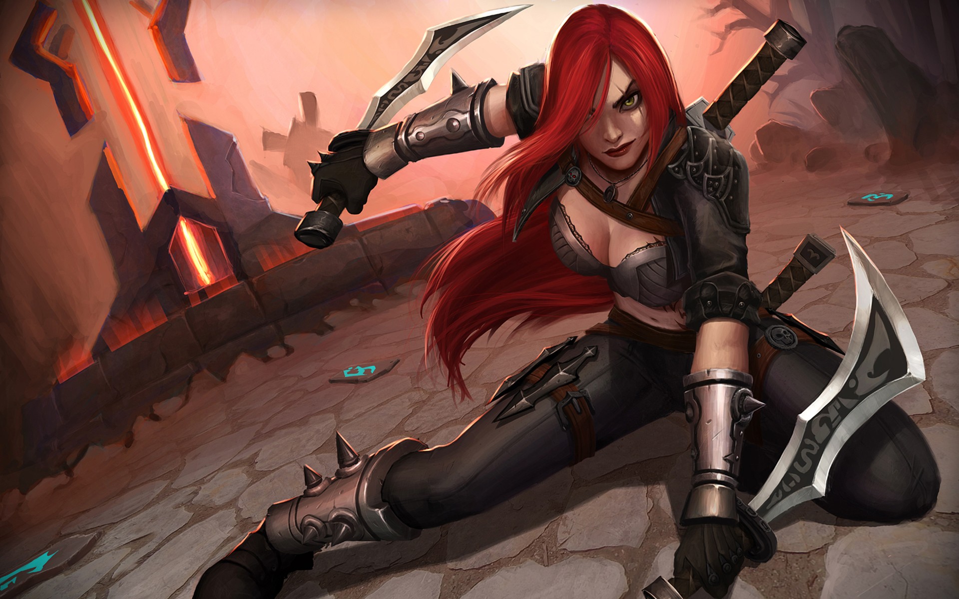 Anime 1920x1200 League of Legends Noxus Katarina (League of Legends) PC gaming video game art video game girls redhead long hair boobs cleavage women with swords looking at viewer women fantasy art fantasy girl