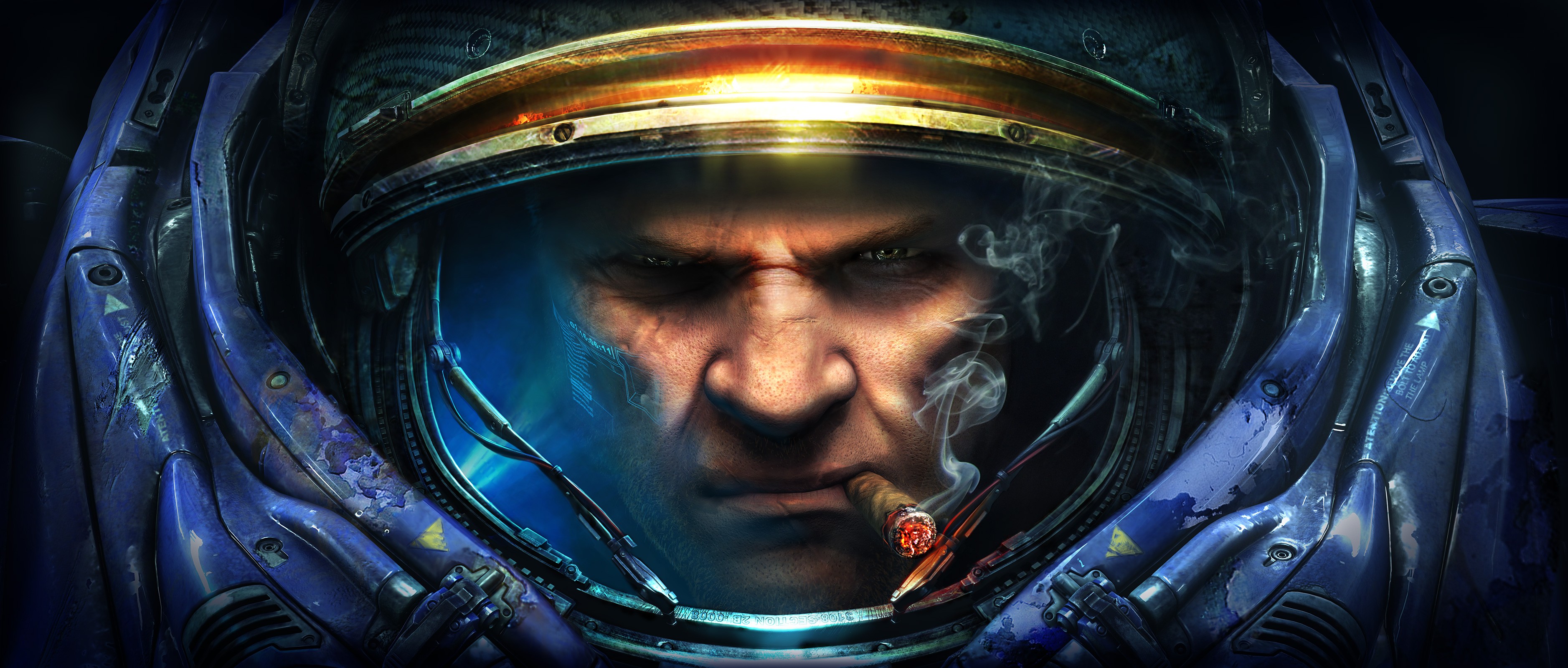 General 3754x1600 Tychus Findlay cigars PC gaming video games video game men Science Fiction Men video game art science fiction Blizzard Entertainment smoking face men