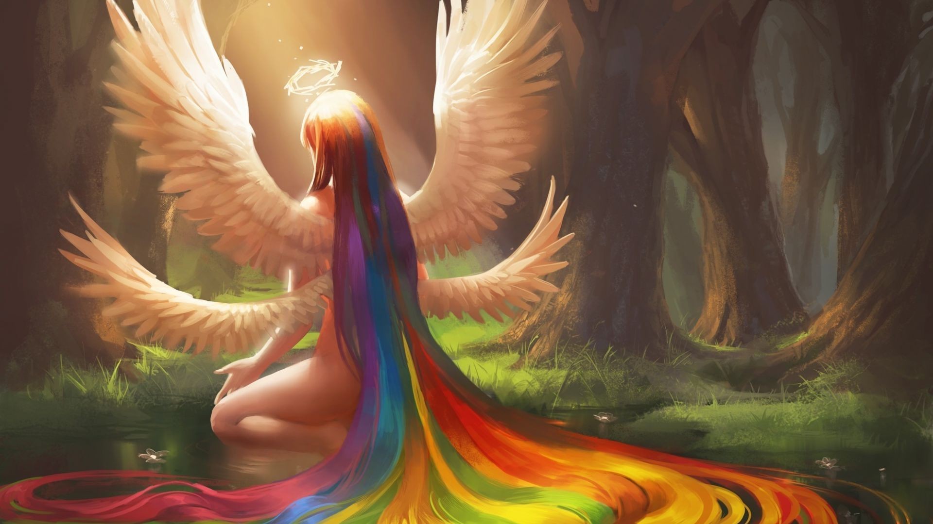 General 1920x1080 fantasy art angel forest rainbows wings kneeling nude multi-colored hair anime girls Sakimichan long hair fantasy girl