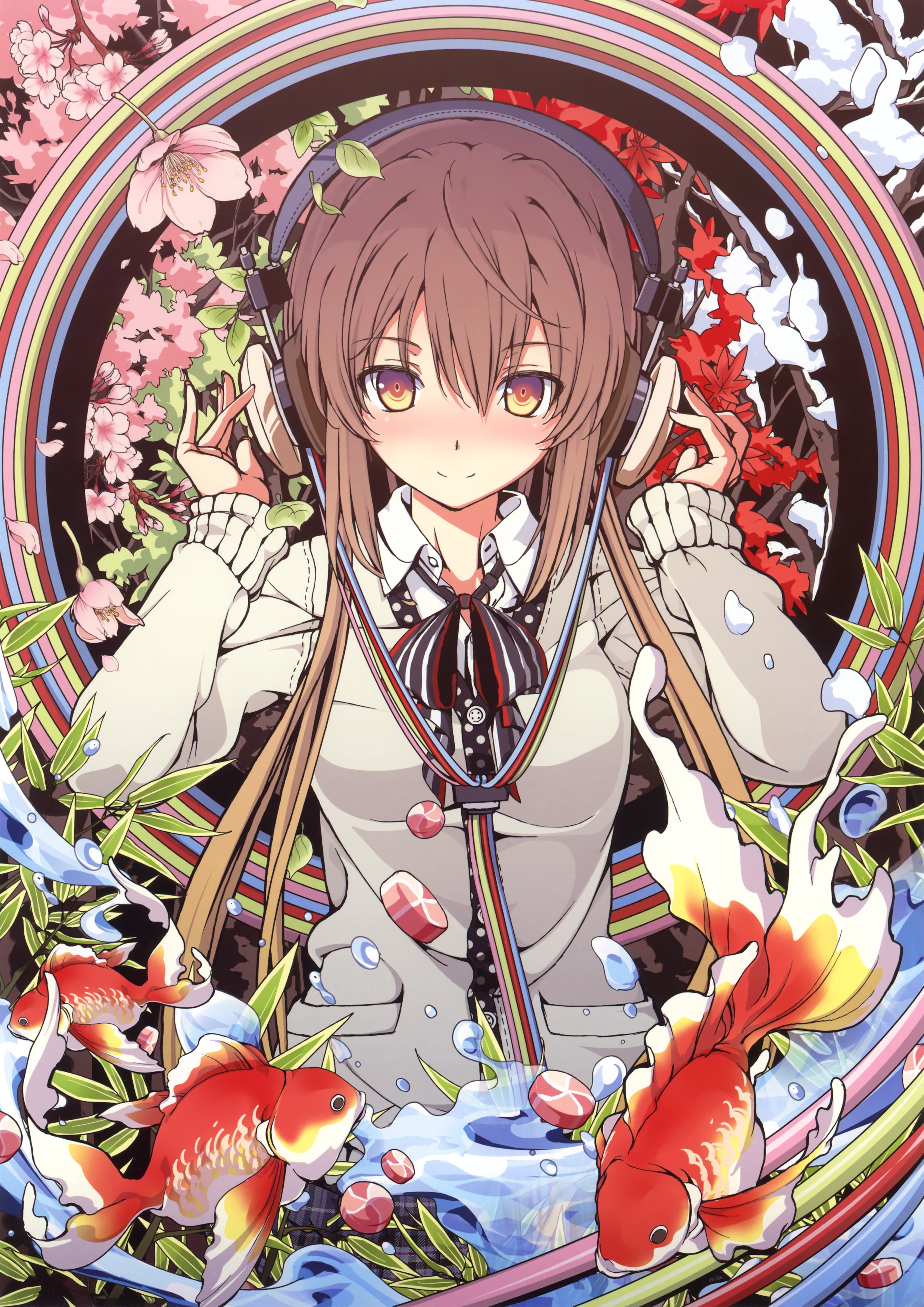 Anime 3252x4599 manga headphones brunette ribbon original characters brown eyes fish goldfish flowers anime anime girls