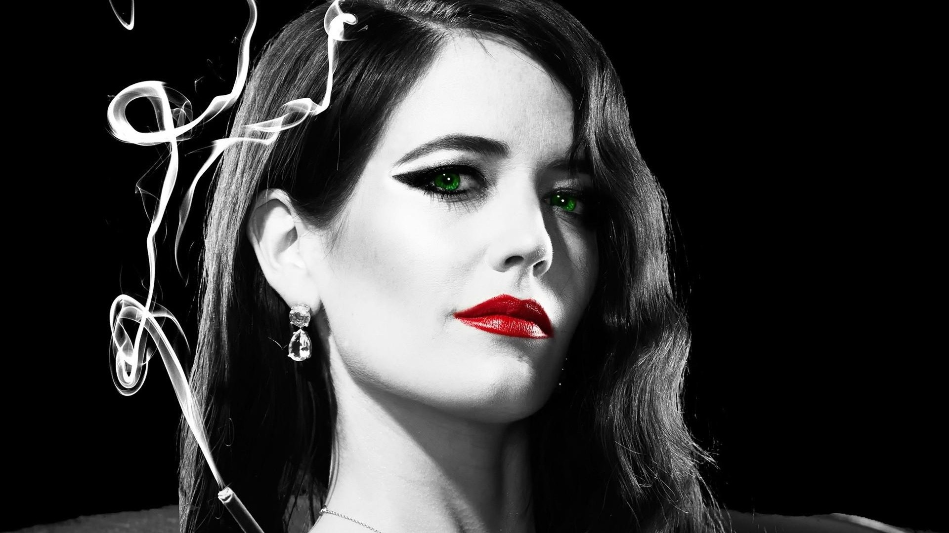 People 1920x1080 Eva Green juicy lips actress Sin City 2: A Dame to Kill For movies selective coloring red lipstick green eyes women looking at viewer lipstick earring smoke simple background black background