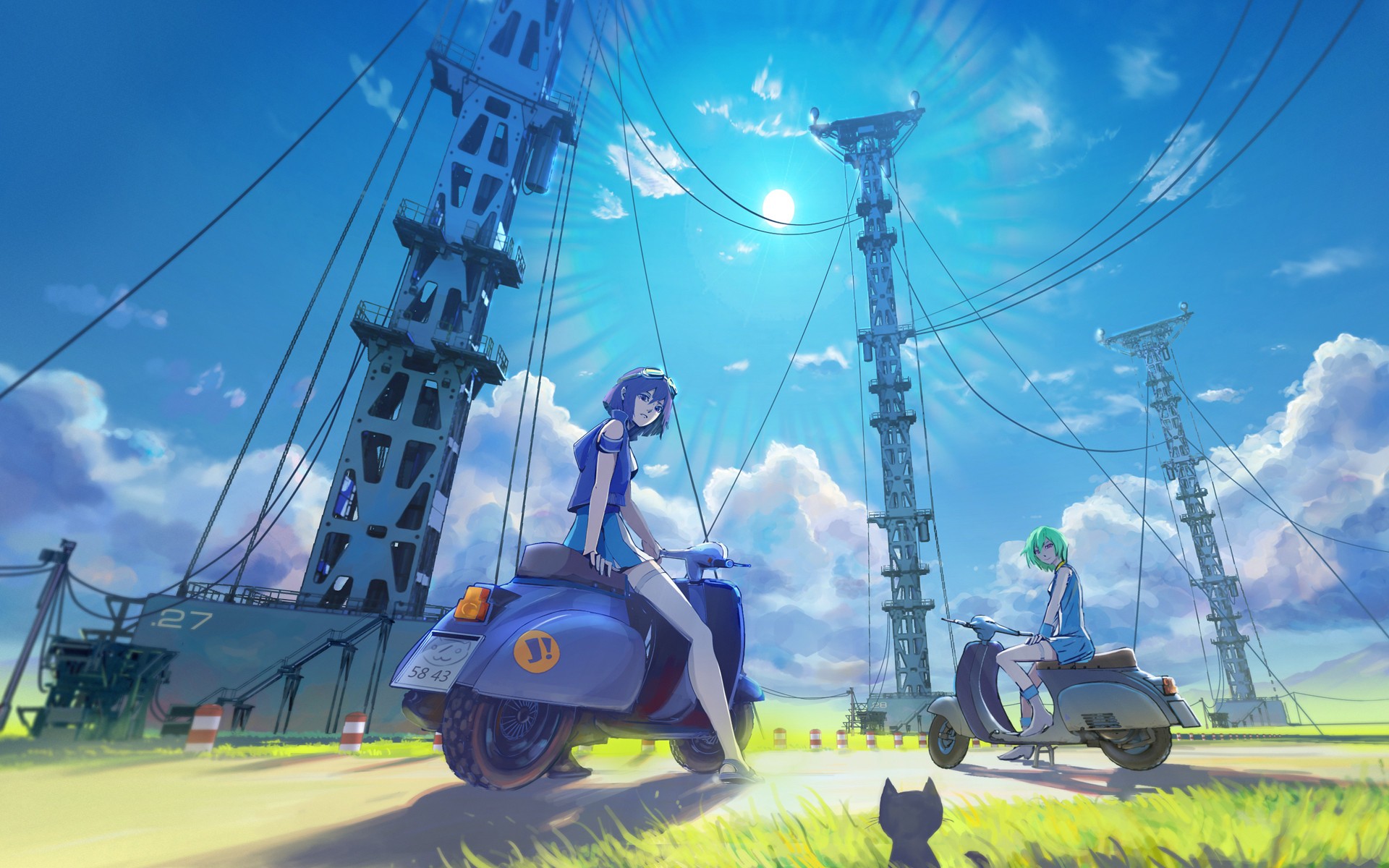 Anime 1920x1200 anime girls cats sun rays FLCL women with scooters sitting looking at viewer women outdoors vehicle two women sky power lines scooters