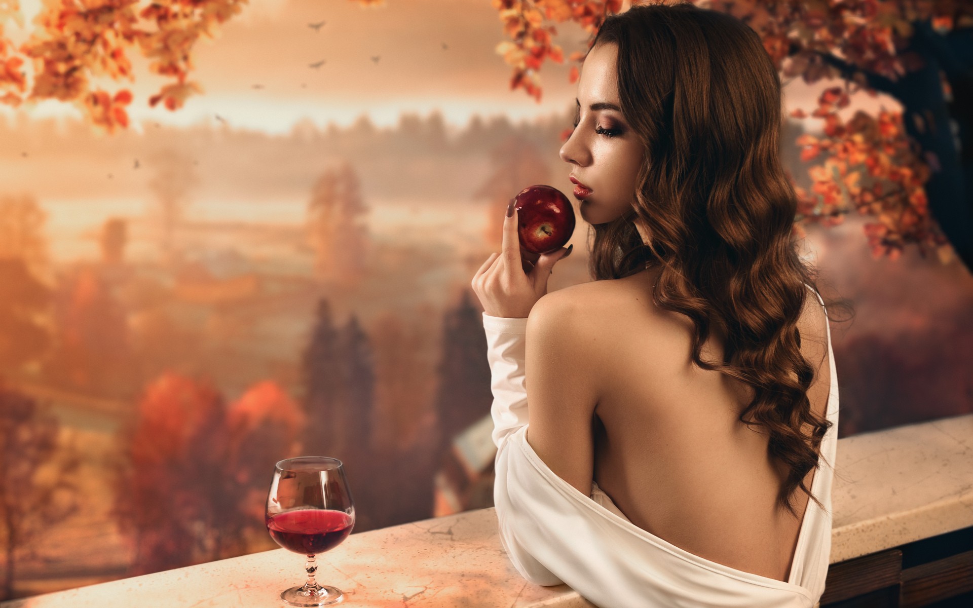 People 1920x1200 women model brunette long hair women outdoors trees nature white dress bare shoulders closed eyes open mouth apples glass wine fall leaves forest birds back bareback cropped