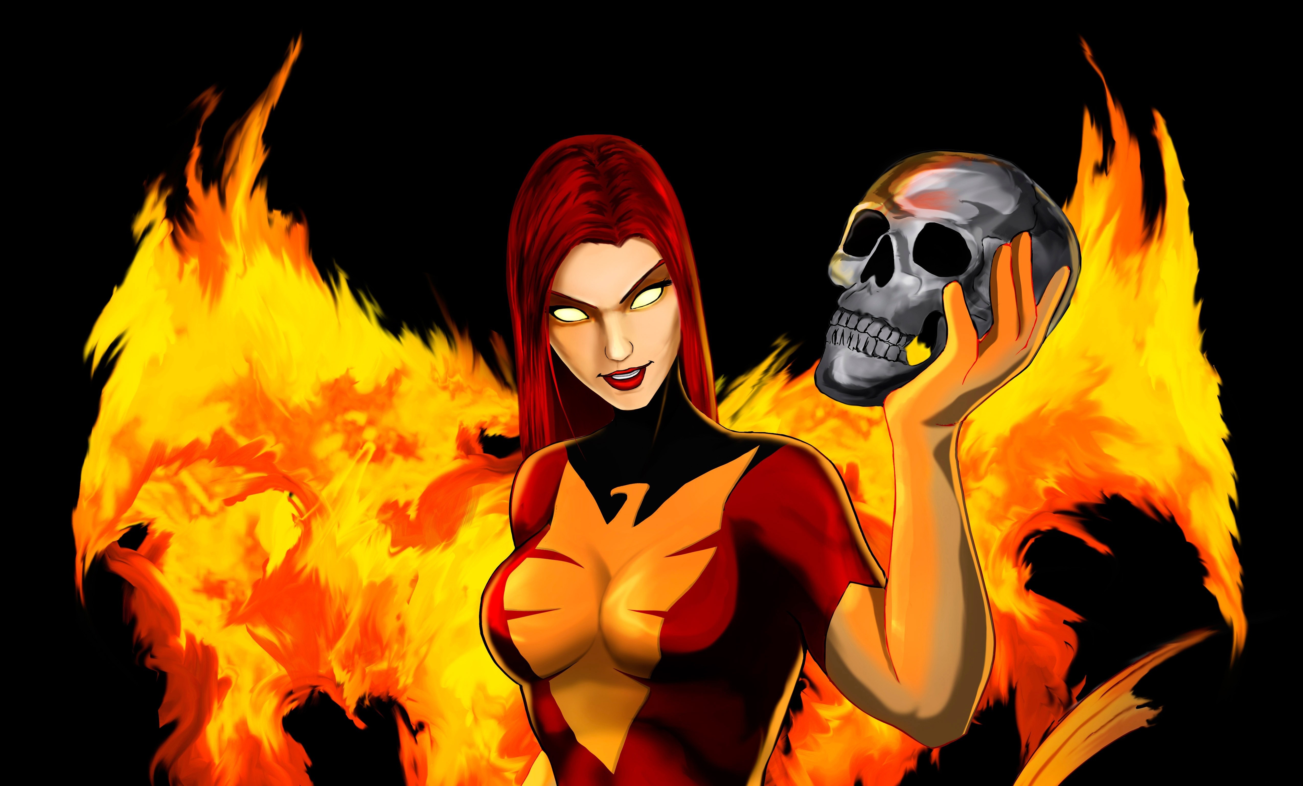 General 5098x3074 skull fantasy art artwork Marvel Comics women boobs redhead fire long hair comic art Jean Grey Dark Pheonix Phoenix Force