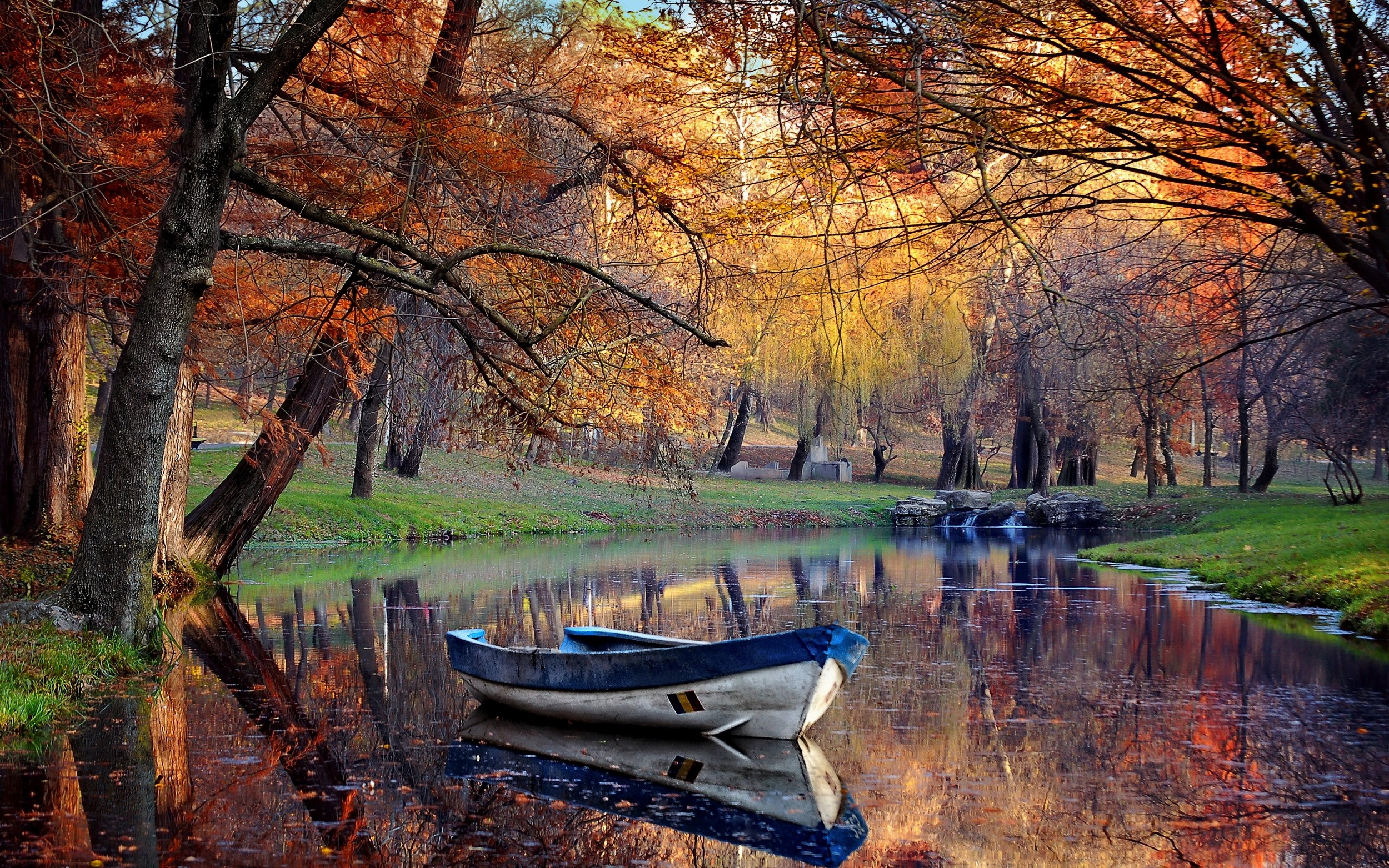 General 2500x1563 fall boat park pond reflection trees nature water grass plants vehicle outdoors