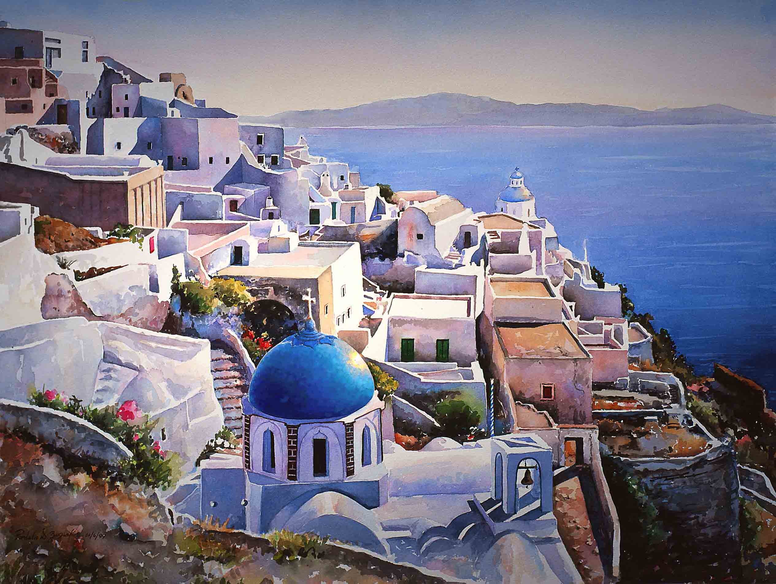 General 2530x1903 painting traditional art Greece Santorini sea cityscape
