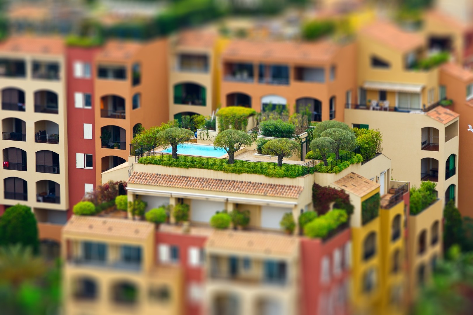 General 1620x1080 house tilt shift town trees rooftops arch window colorful swimming pool Architecture models digital art