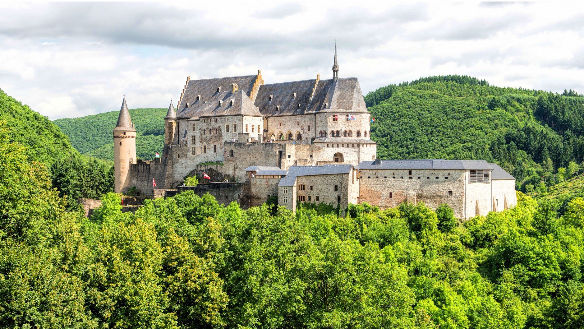 General 1920x1080 architecture castle nature landscape hills trees forest Luxemburg tower flag clouds wall Luxembourg