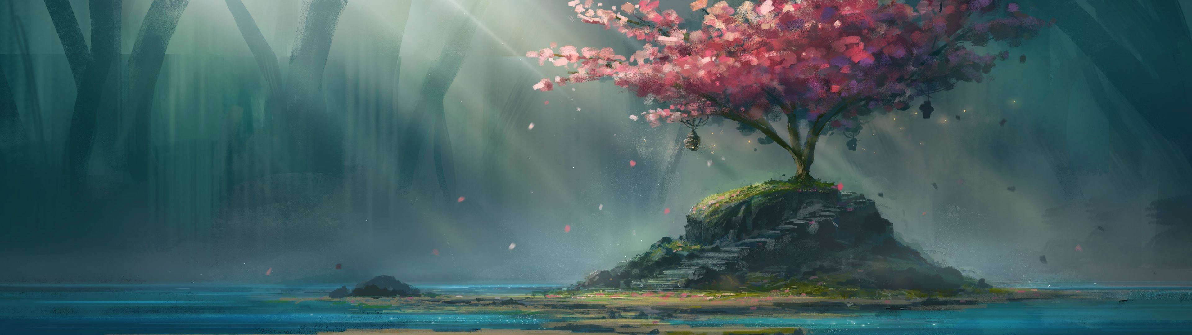 General 3840x1080 cherry blossom water stairs