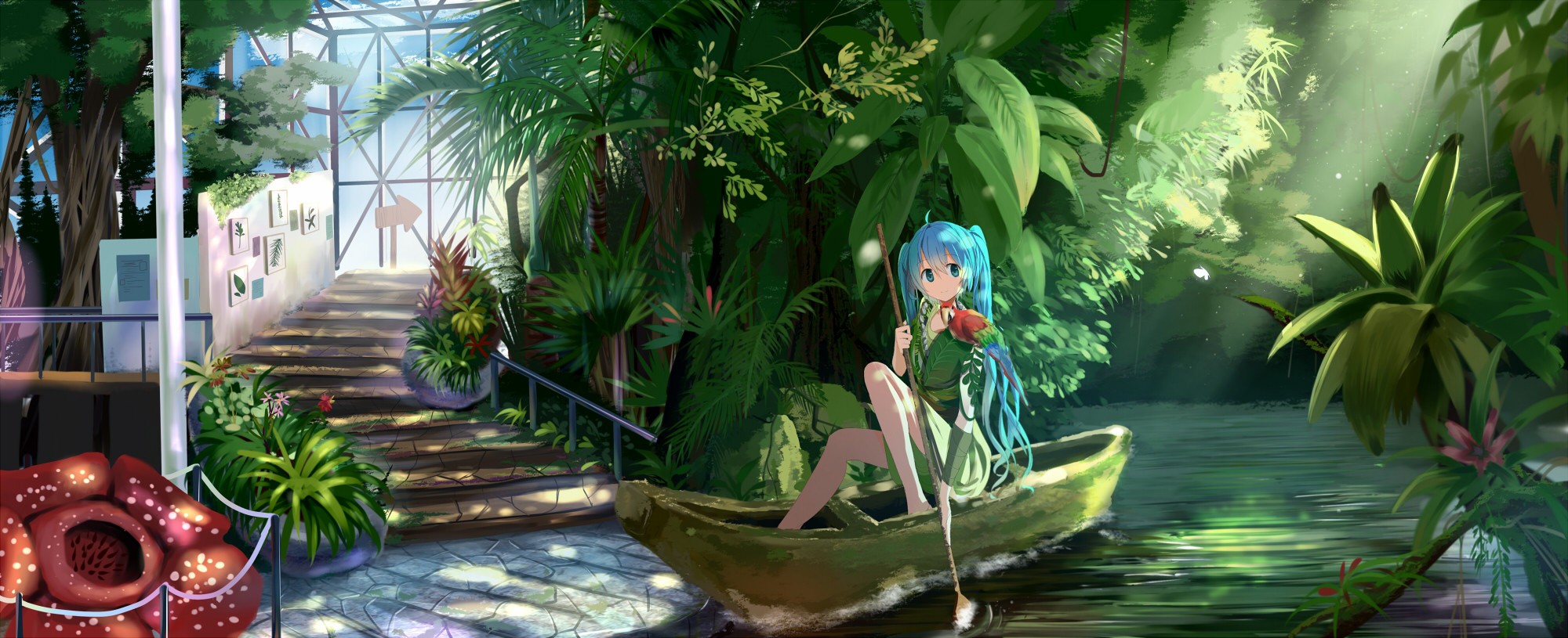 Anime 2000x815 Vocaloid Hatsune Miku long hair twintails boat parakeets plants trees flowers water anime girls anime vehicle