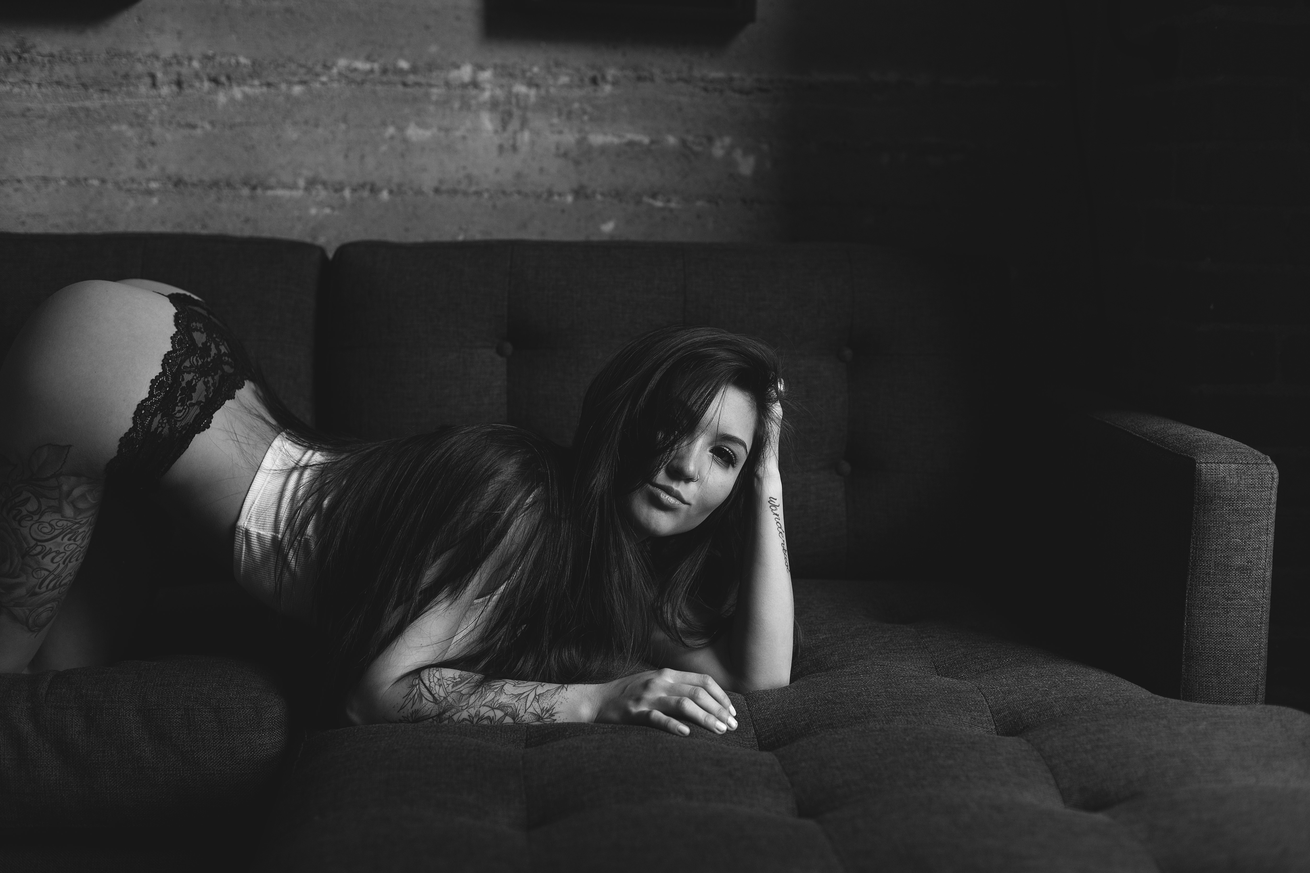People 5472x3648 women model bent over tattoo couch ass monochrome Kristina Chai women indoors indoors long hair looking at viewer inked girls