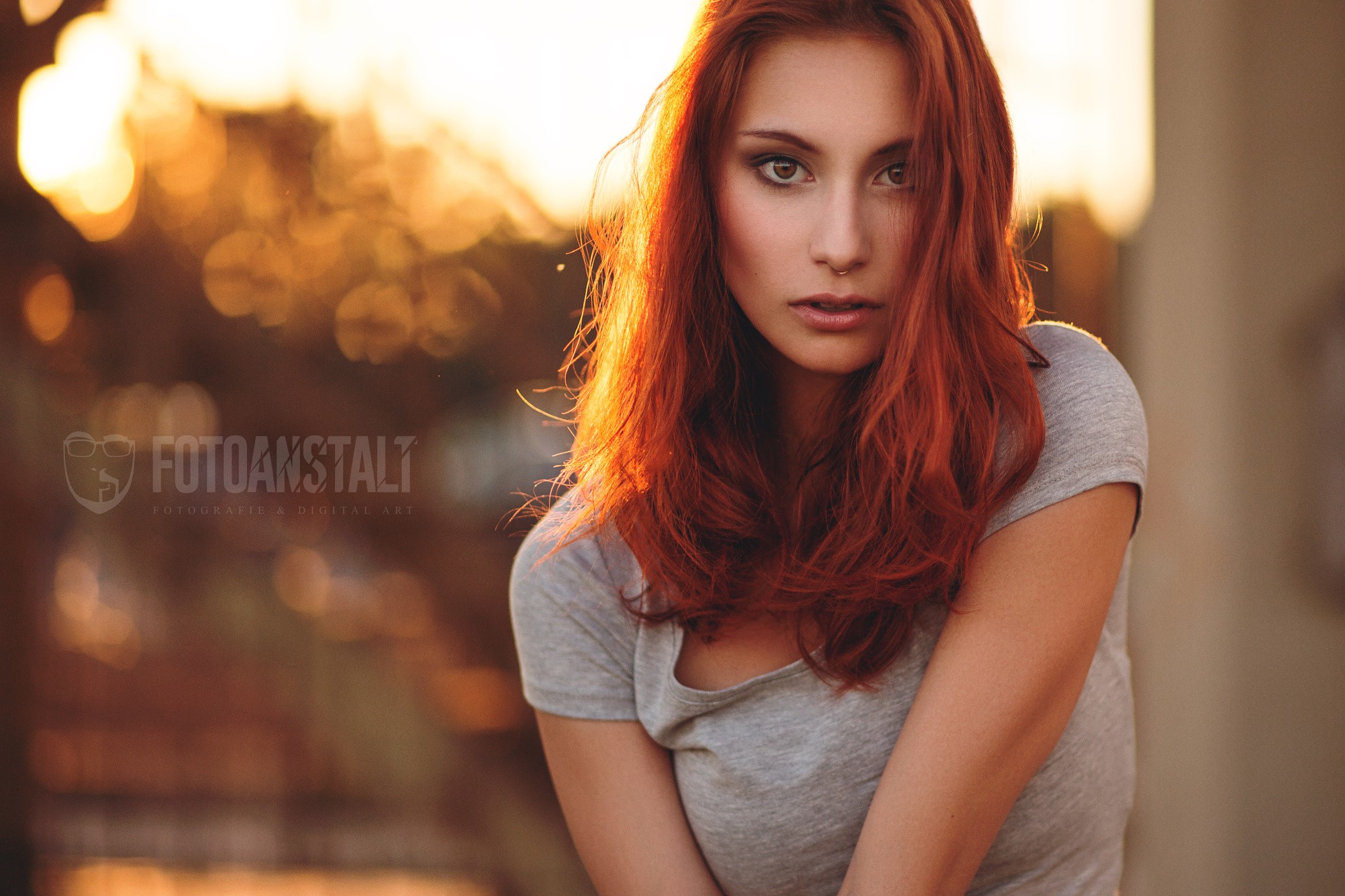 People 2048x1365 Victoria Ryzhevolosaya women model redhead face portrait T-shirt watermarked looking at viewer dyed hair nose ring