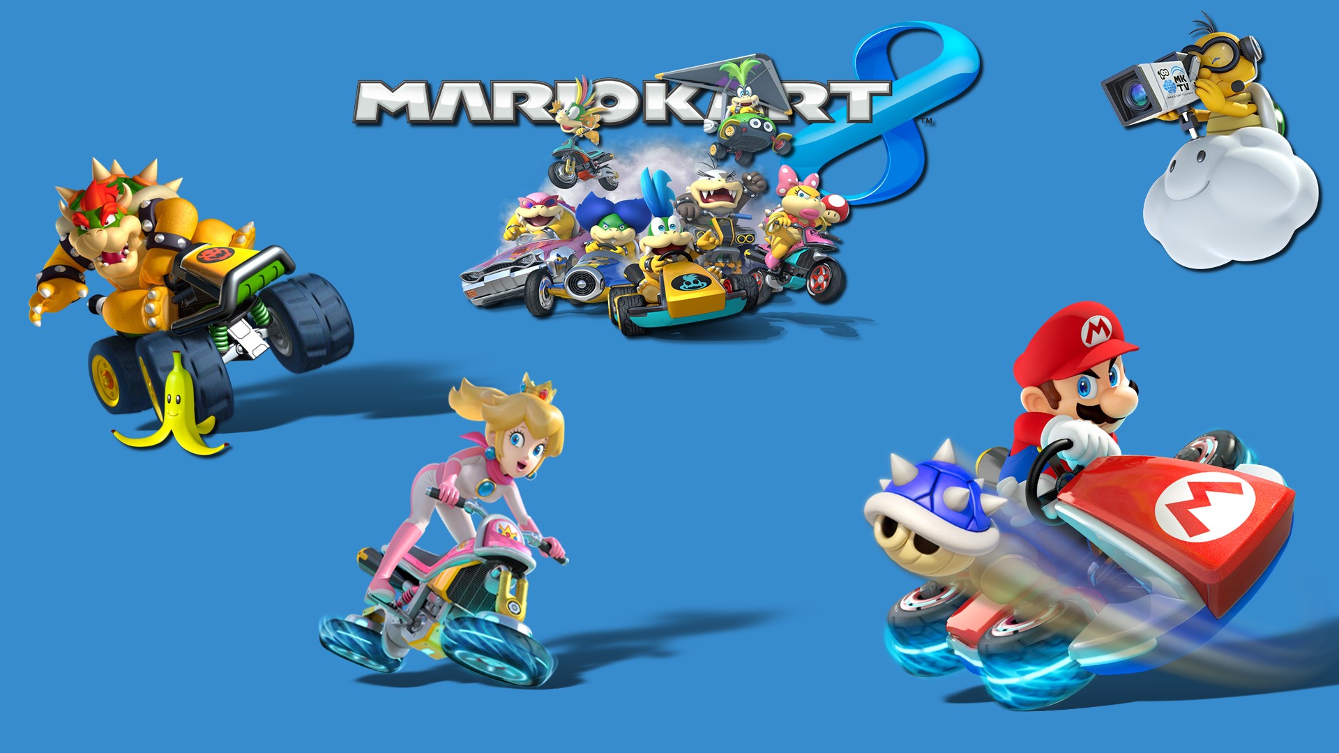 General 1920x1080 Mario Kart 8 video games Toad (character) Mario Bros. Nintendo Mario Kart video game characters blue background simple background vehicle video game art Princess Peach Bowser