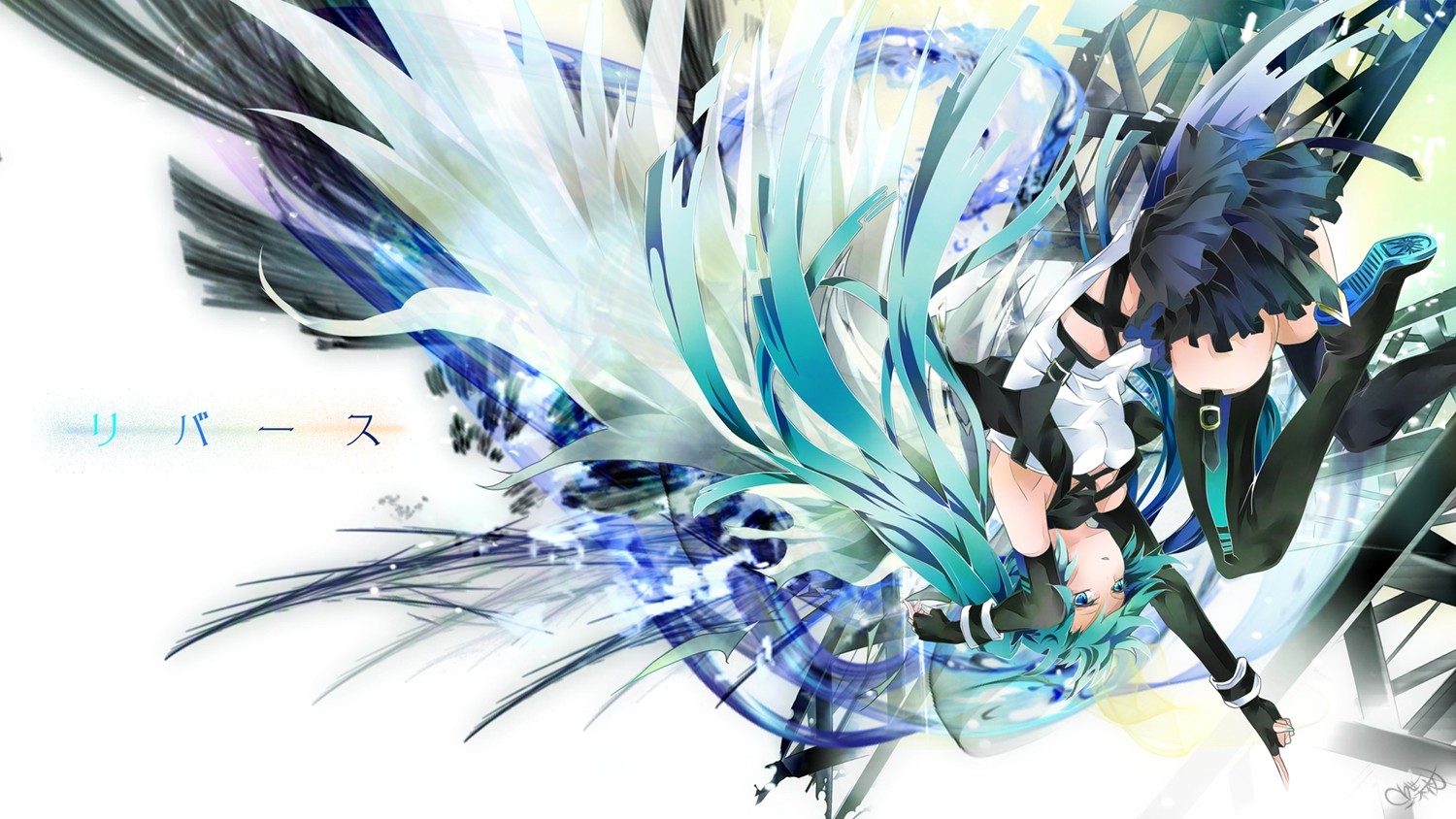 Anime 1500x844 Vocaloid Hatsune Miku long hair twintails wings simple background anime girls anime artwork cyan white white background ass cyan hair aqua eyes