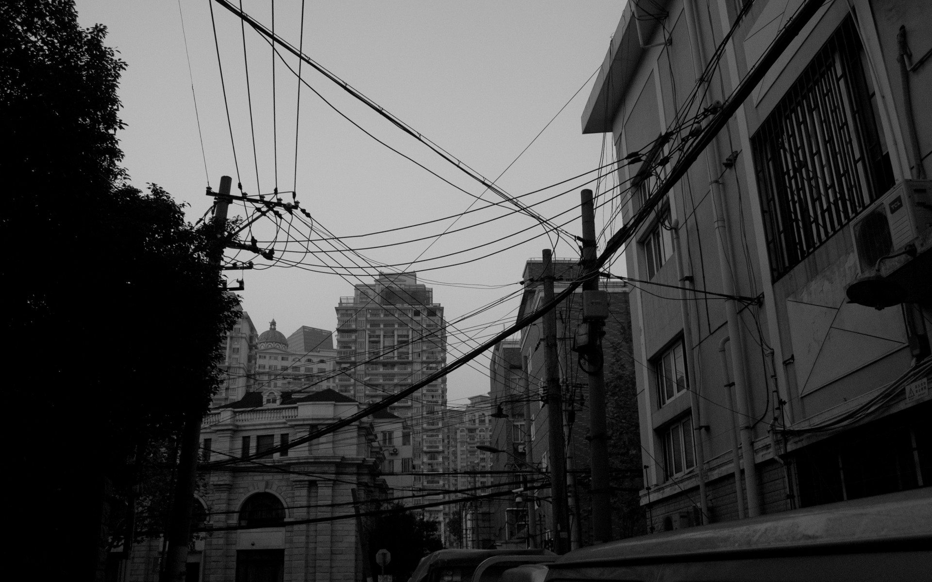 General 1920x1200 Shanghai cityscape city monochrome gray overcast China power lines Asia