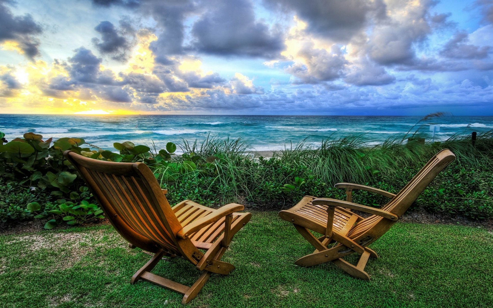 General 1920x1200 nature landscape chair beach lawns garden sunset sea clouds plants summer HDR sky horizon