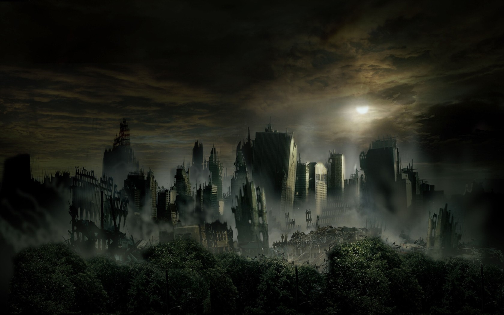 General 1680x1050 urban decay apocalyptic overgrown overcast digital art futuristic ruins cityscape