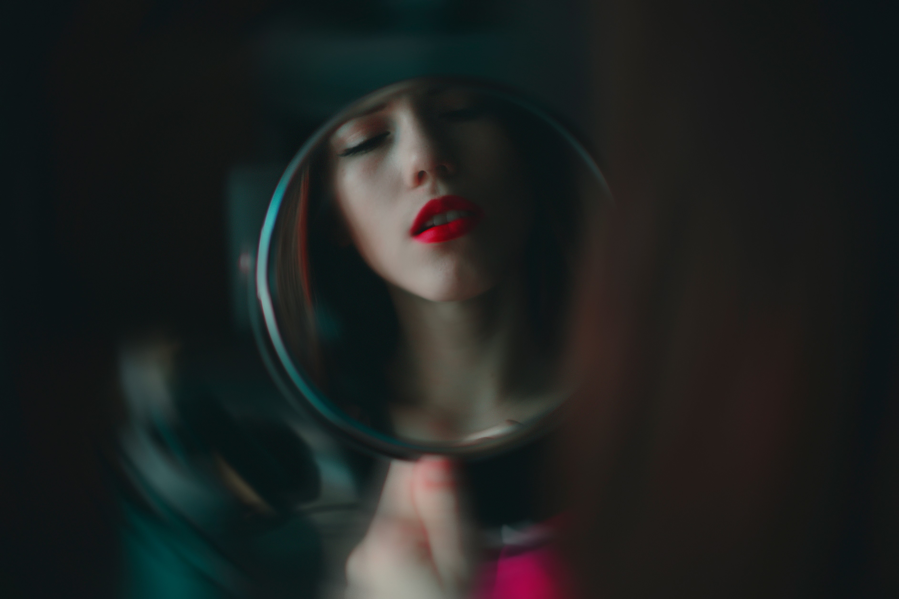 People 3770x2513 women model brunette face open mouth closed eyes red lipstick mirror blurred long hair lipstick sensual gaze women indoors indoors