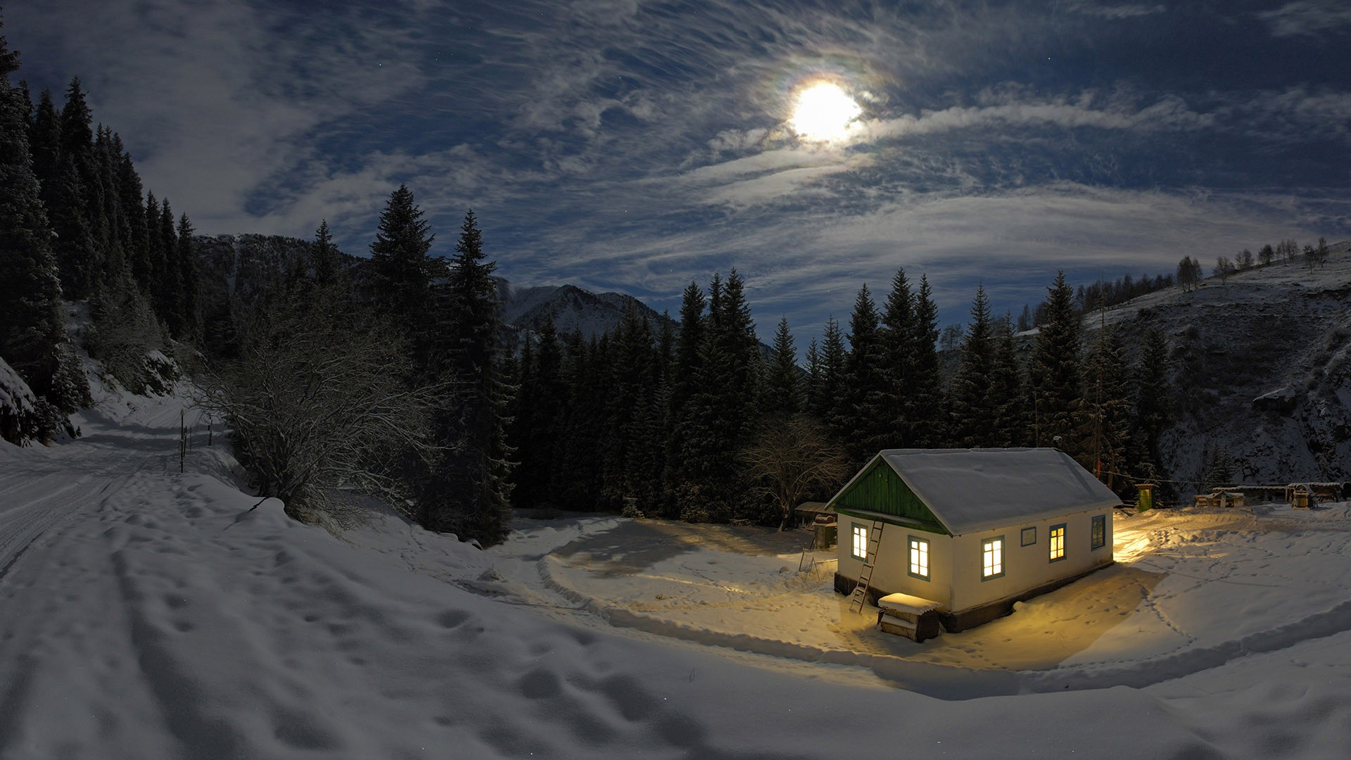 General 1920x1080 nature landscape night Moon moonlight mountains winter snow trees forest house lights clouds rocks