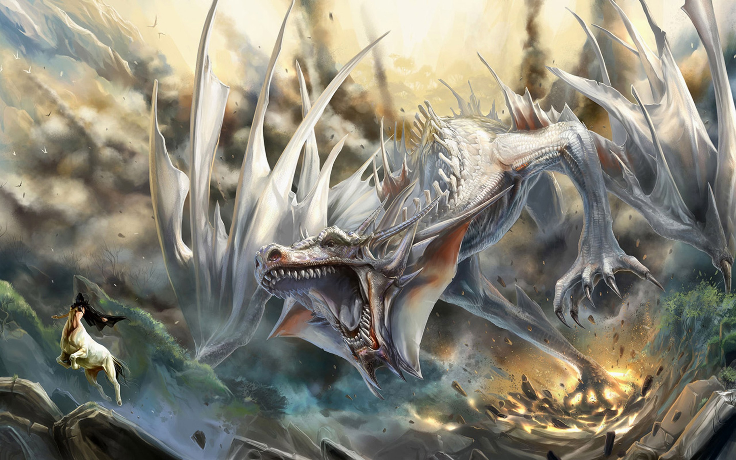 General 2560x1600 dragon fantasy art creature Centaurs artwork digital art pointy teeth open mouth running chasing claws