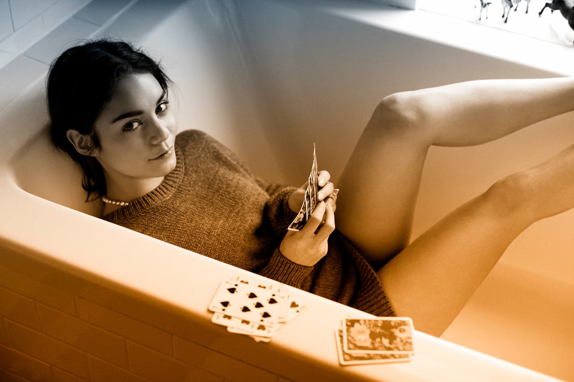 People 1920x1280 Vanessa Hudgens gradient playing cards bathtub sweater women in bathtub looking at viewer women indoors legs indoors
